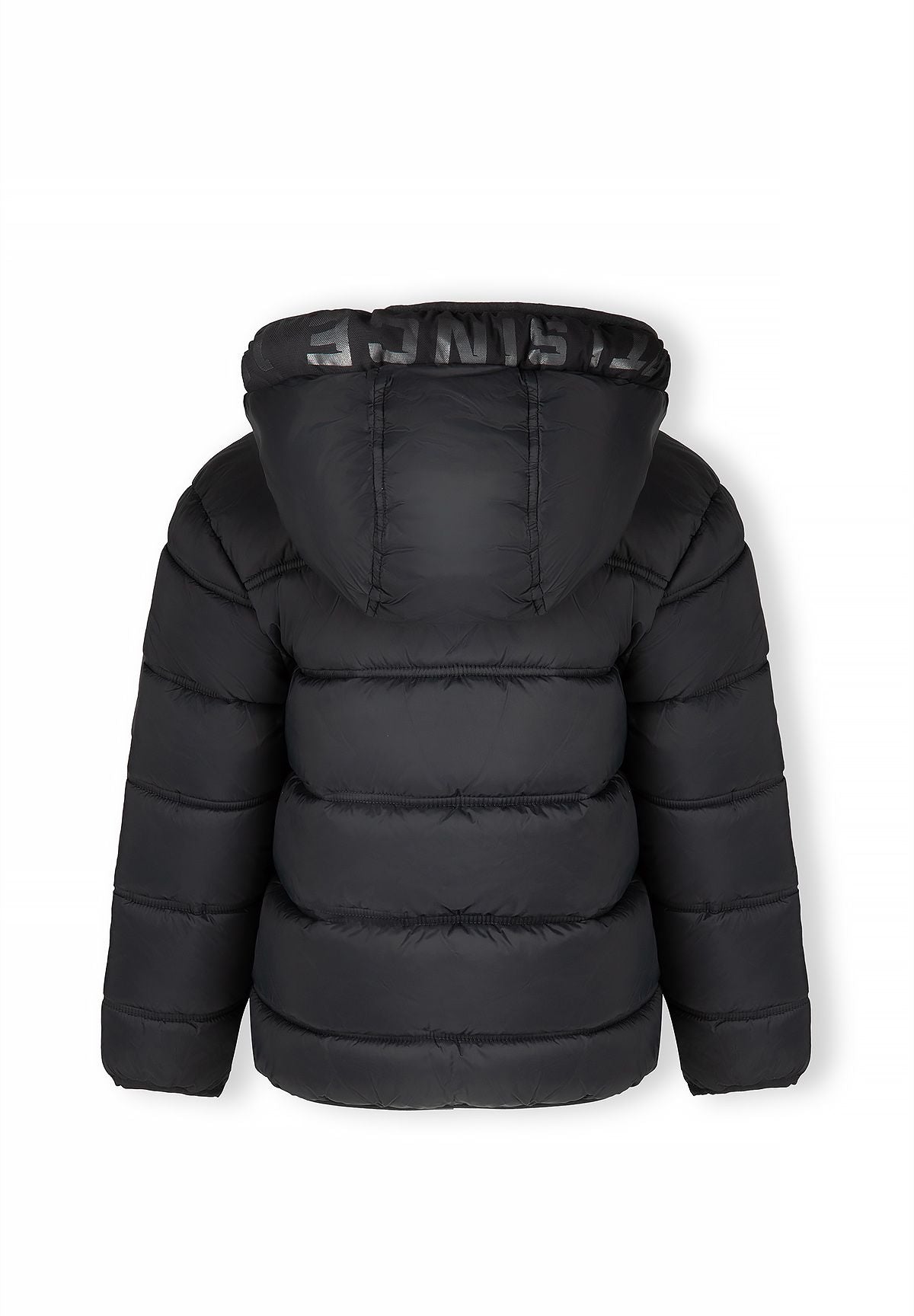 Back of the black puffer jacket with wide quilted bands and tonal MINOTI lettering across the hood edge.