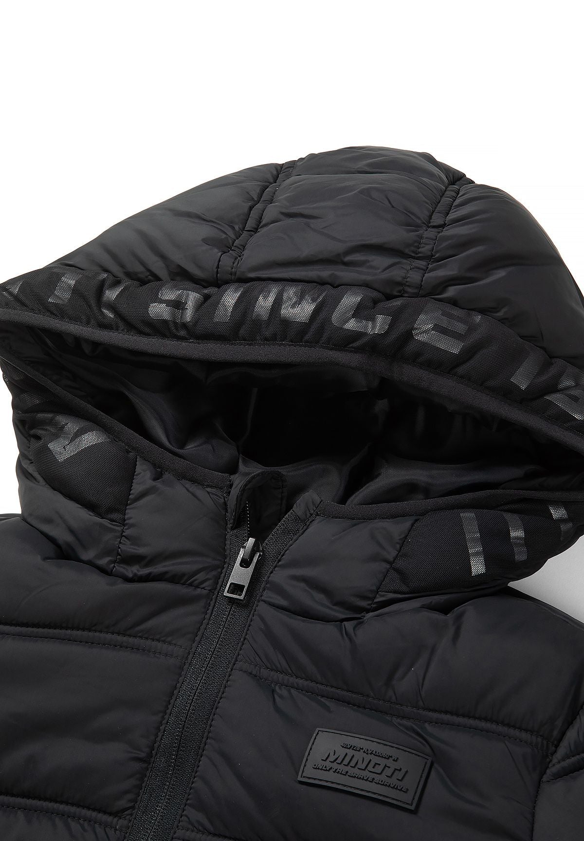 Black padded hood with tonal MINOTI lettering across its edge and smooth dark inner lining.