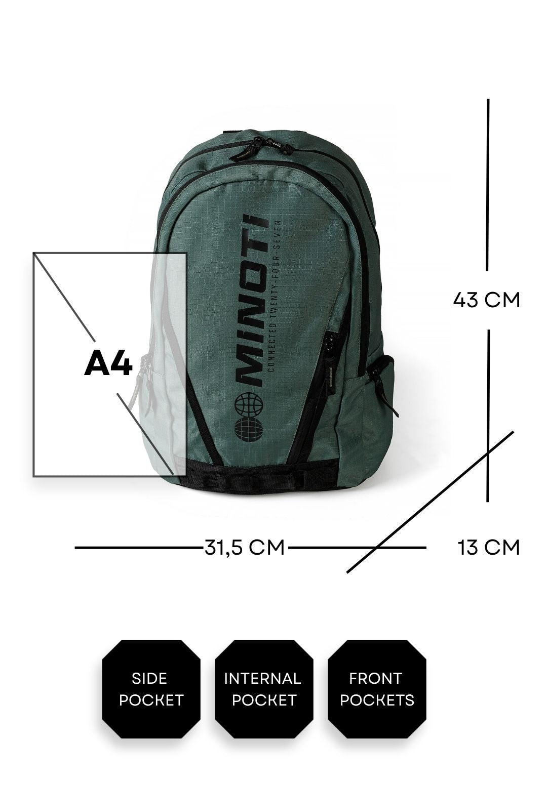 Donkergroene rugzak met meerdere vakken voor kinderen, maattabel met A4-vergelijking.