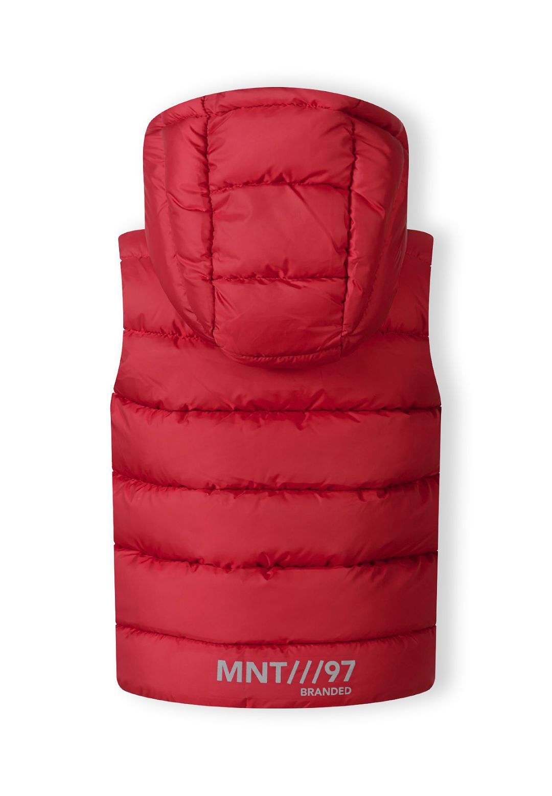 Back of red hooded padded gilet with horizontal quilting and small grey print near the hem.