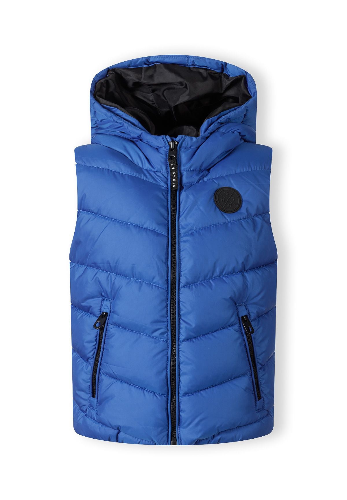 Blauw gewatteerd vest met capuchon voor jongens, voorkant.