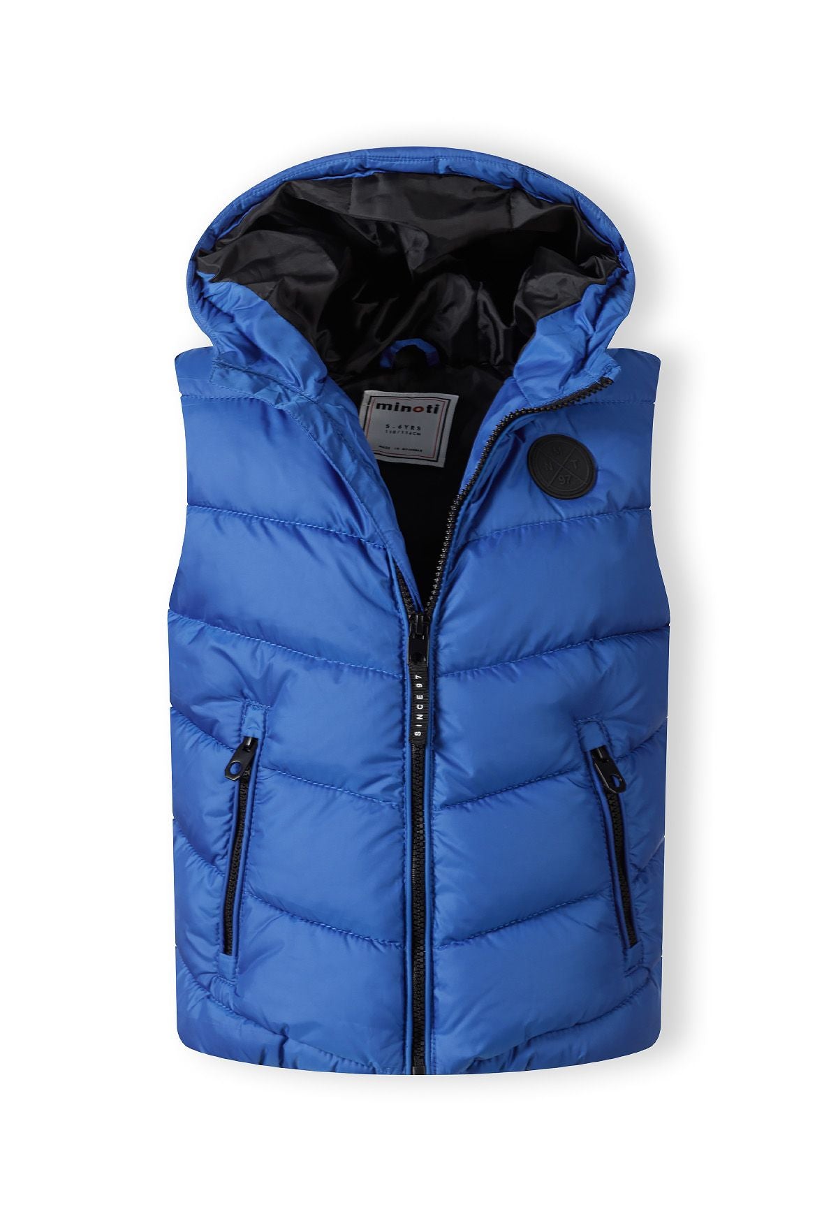 Blauw gewatteerd vest met capuchon voor jongens, voorkant open met rits.