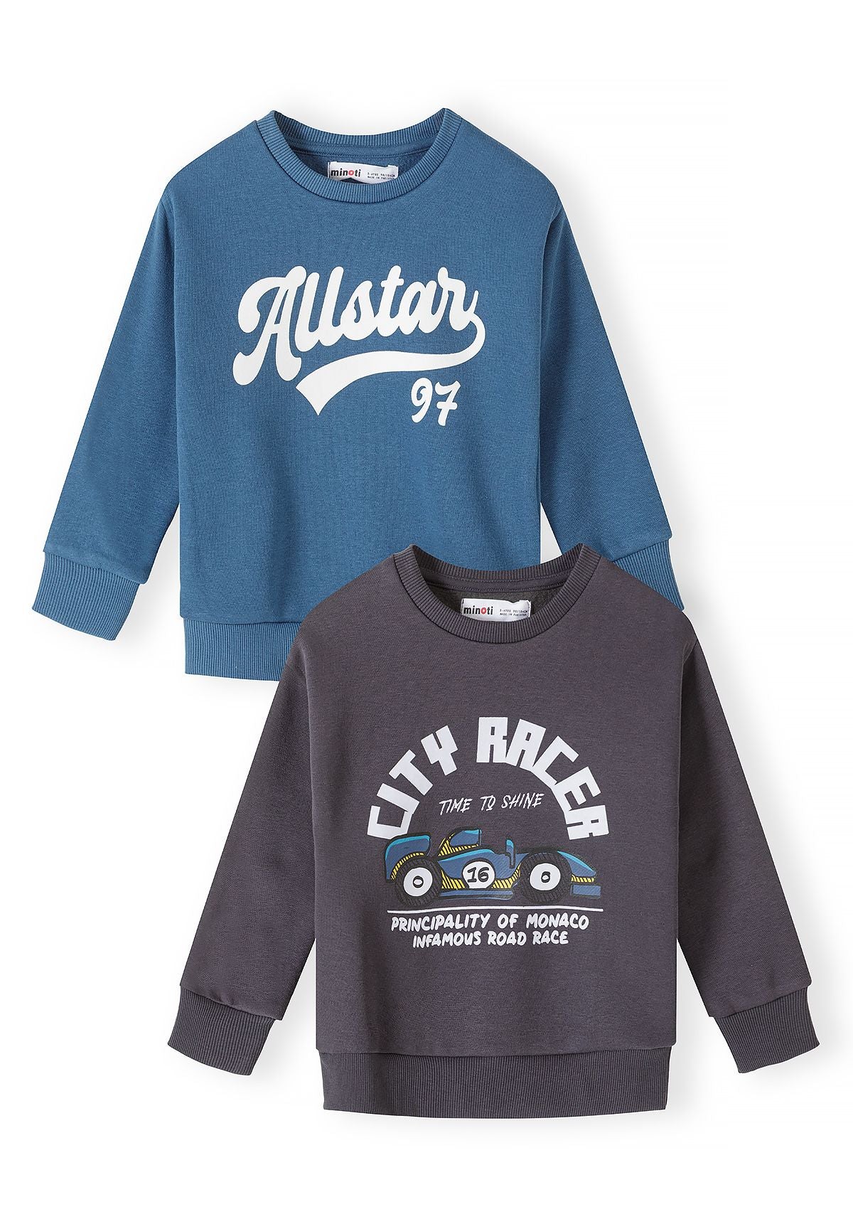 Blaue und anthrazitgraue bedruckte Sweatshirts für Jungen (2er-Pack), beide Sweatshirts, Vorderseite.