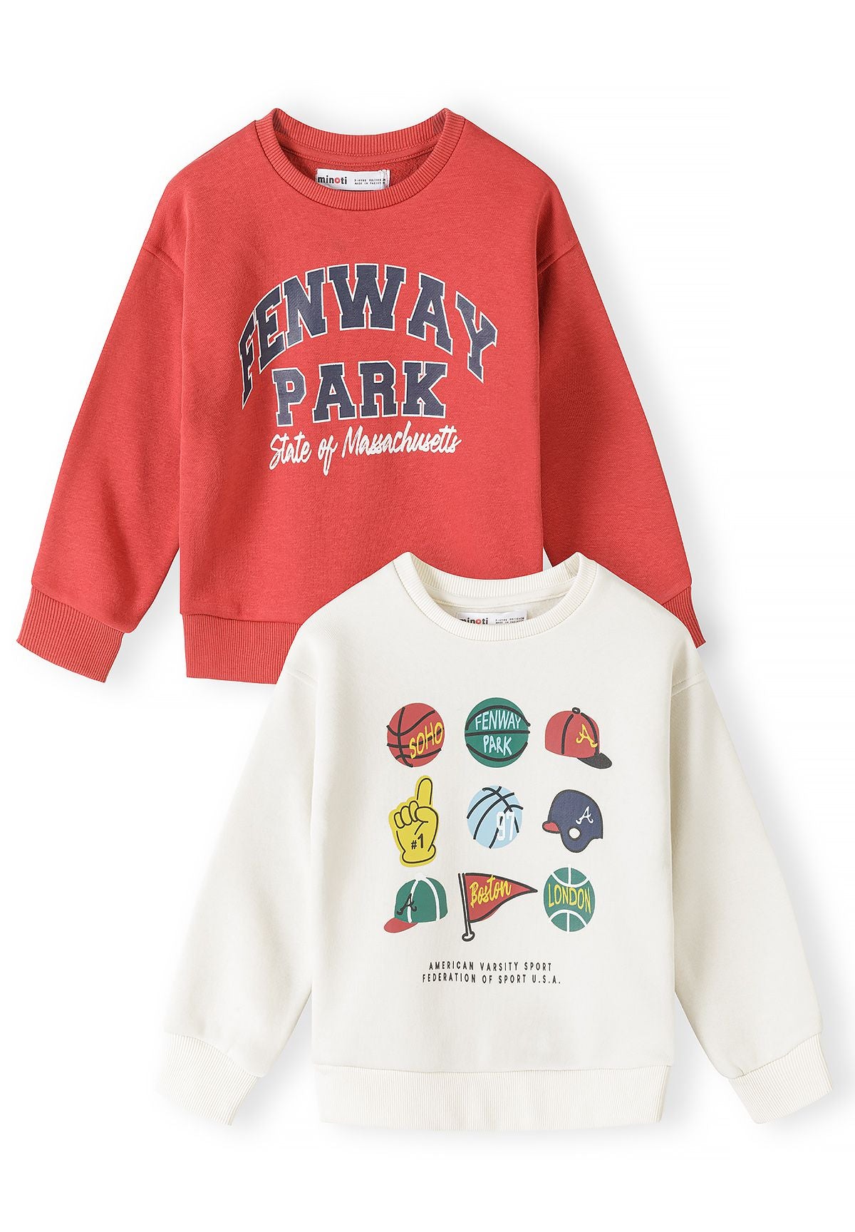Red Fenway Park and cream sports-badge crew-neck sweatshirts, two-pack, front view.