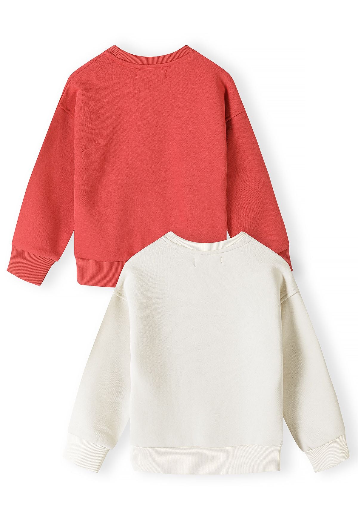 Back view of red and cream printed sweatshirts with plain panels and ribbed trim.
