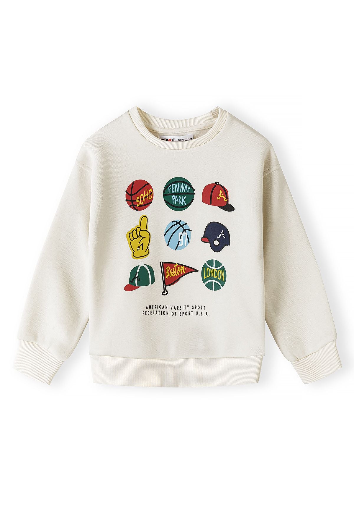 Cream crew-neck sweatshirt with nine colourful sports badges across the chest.