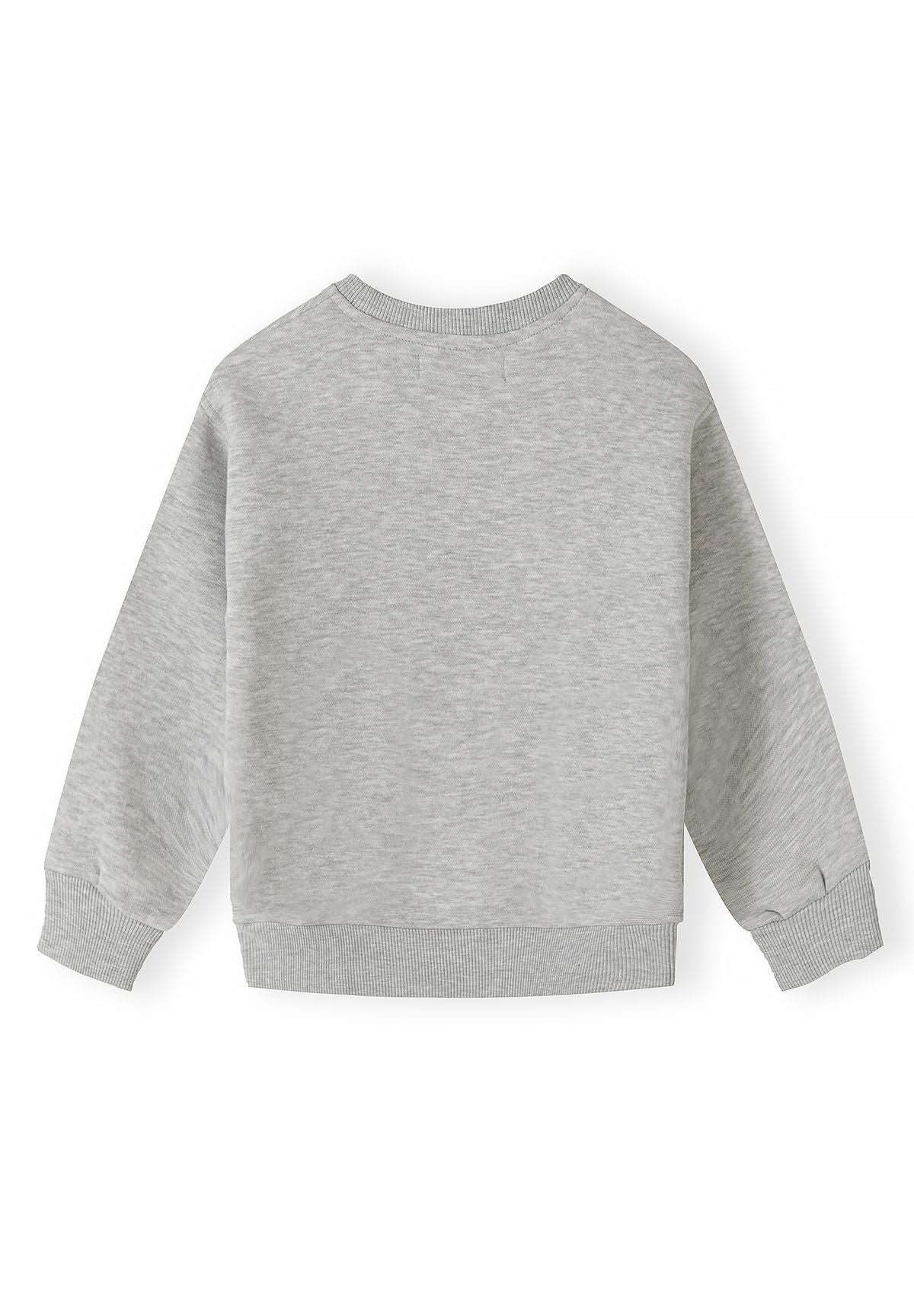 Back of plain light grey marl sweatshirt with dropped sleeves and ribbed cuffs.