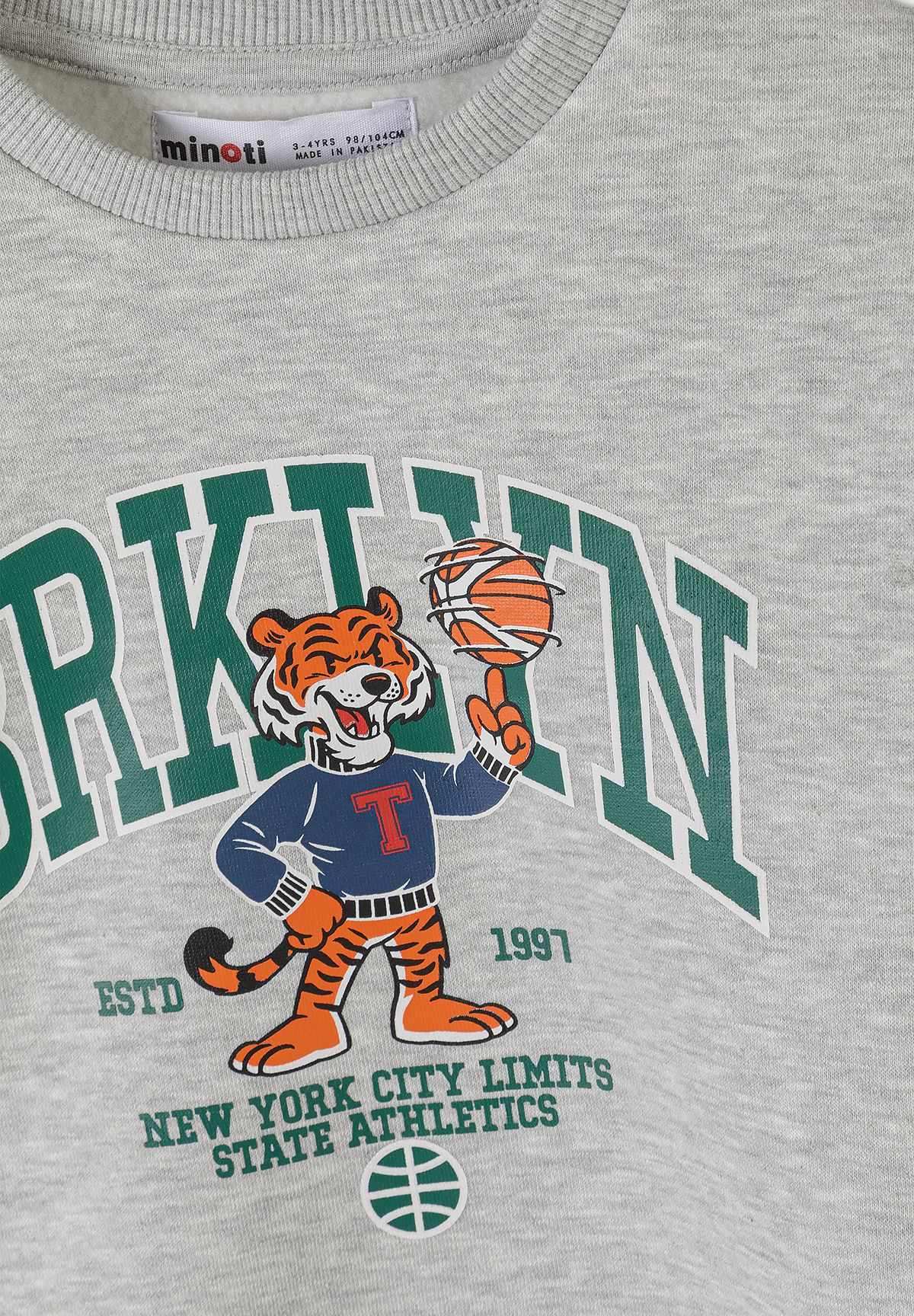Grey marl sweatshirt print detail with Brooklyn letters and basketball-playing tiger.