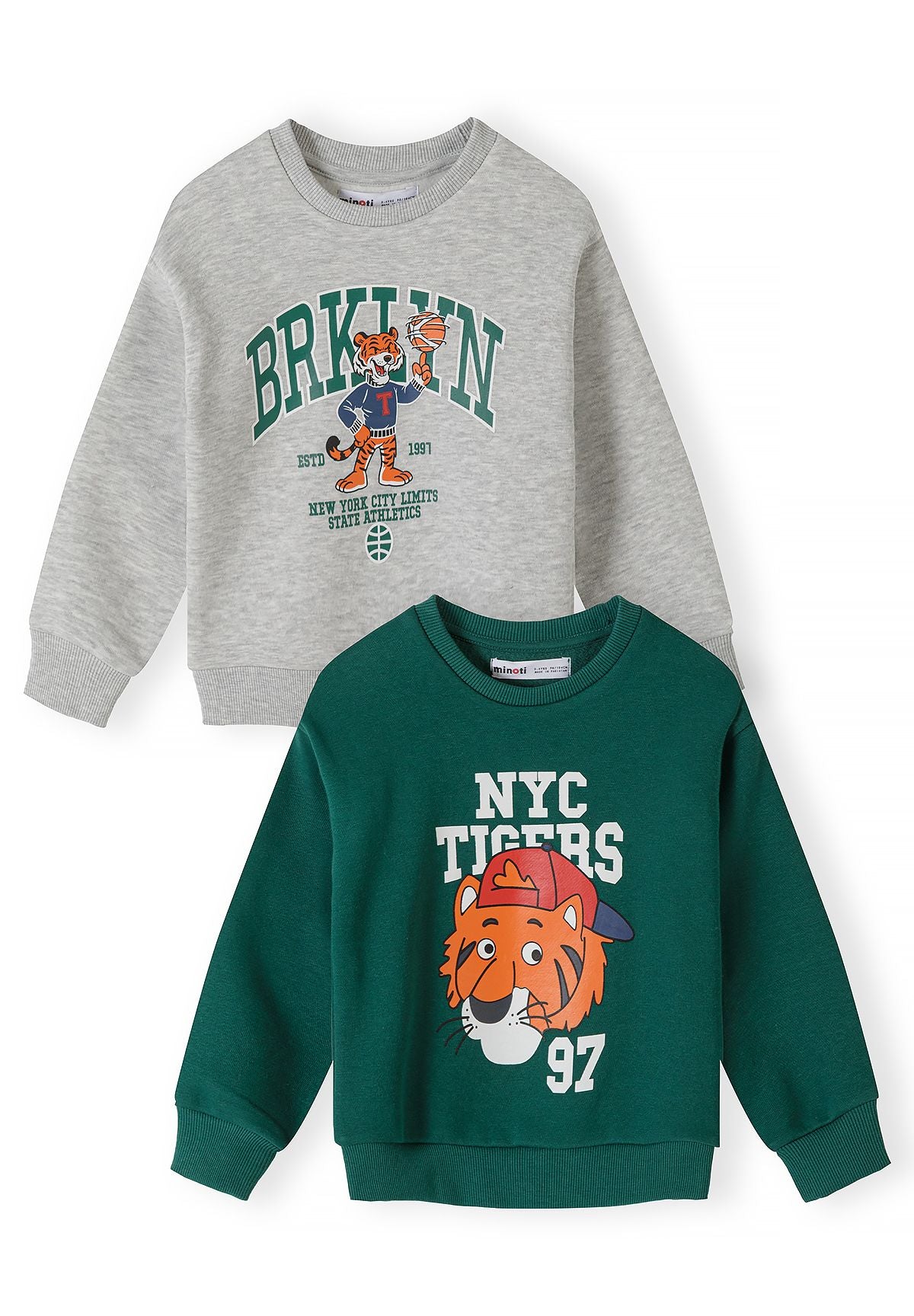 Grey marl Brooklyn tiger and green NYC Tigers sweatshirts, two-pack, front view.
