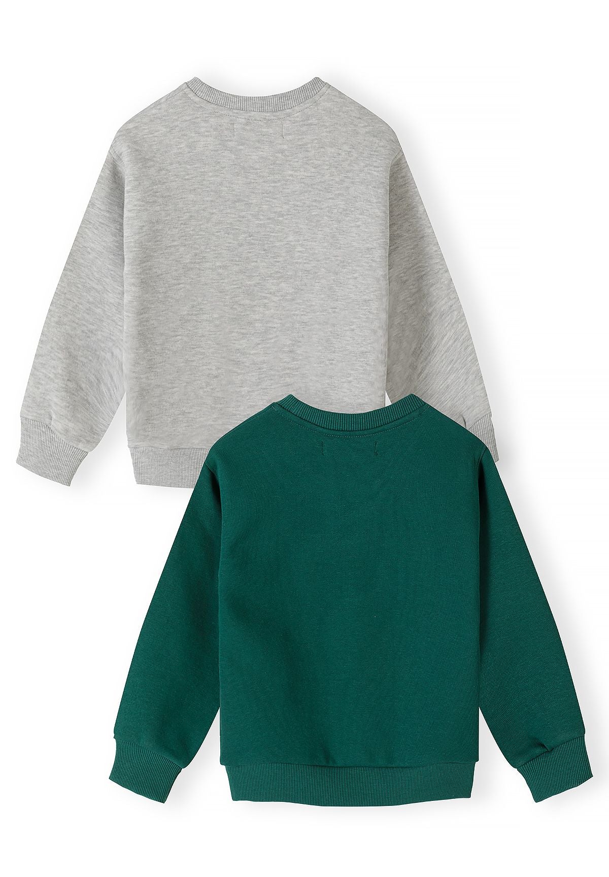 Back of grey marl and dark green sweatshirts with plain panels and ribbed hems.