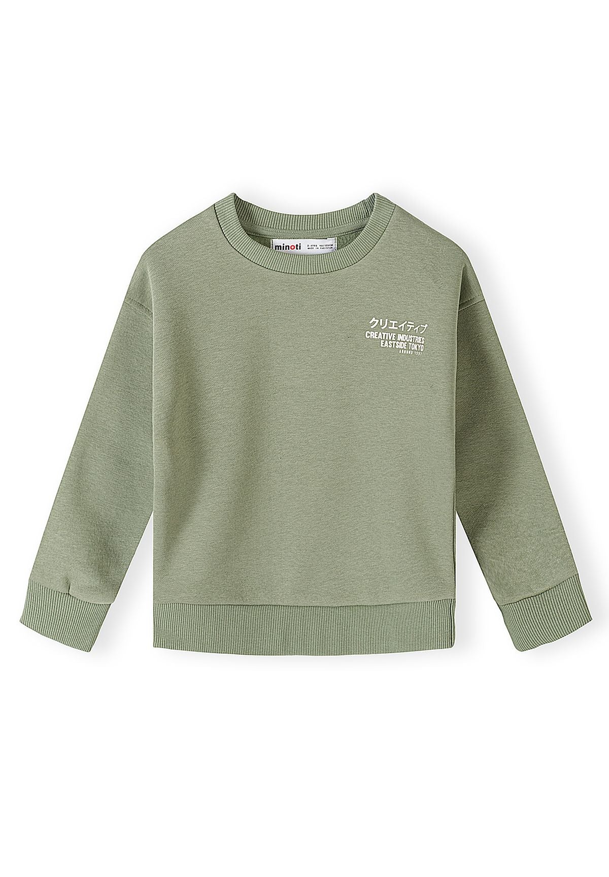 Survêtement pour garçon composé d'un sweat-shirt vert sauge et d'un pantalon de jogging cargo noir, sweat-shirt, vue de face.