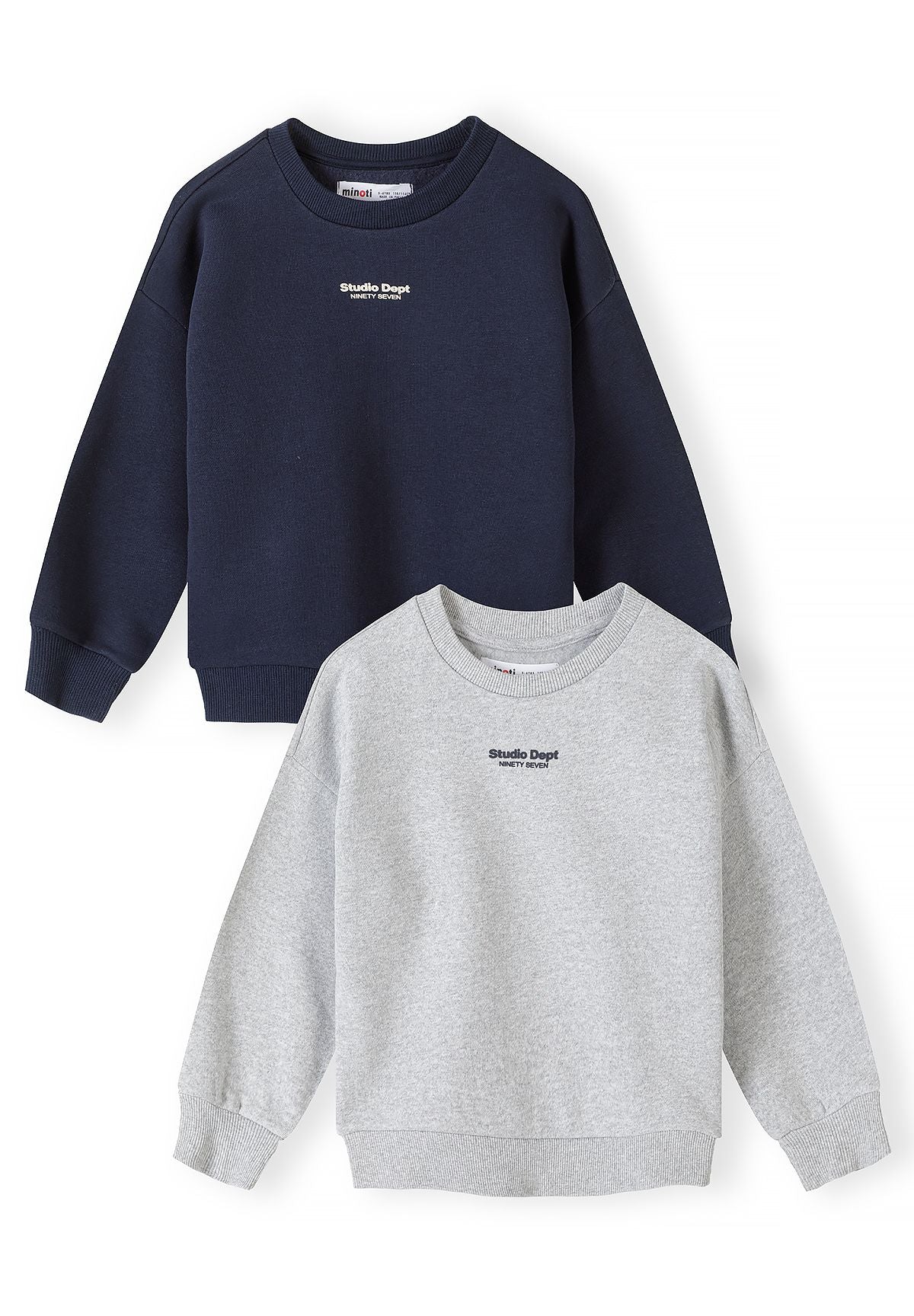 Kindersweatshirts met print in marineblauw en grijs gemêleerd (set van 2), beide sweatshirts, voorkant.