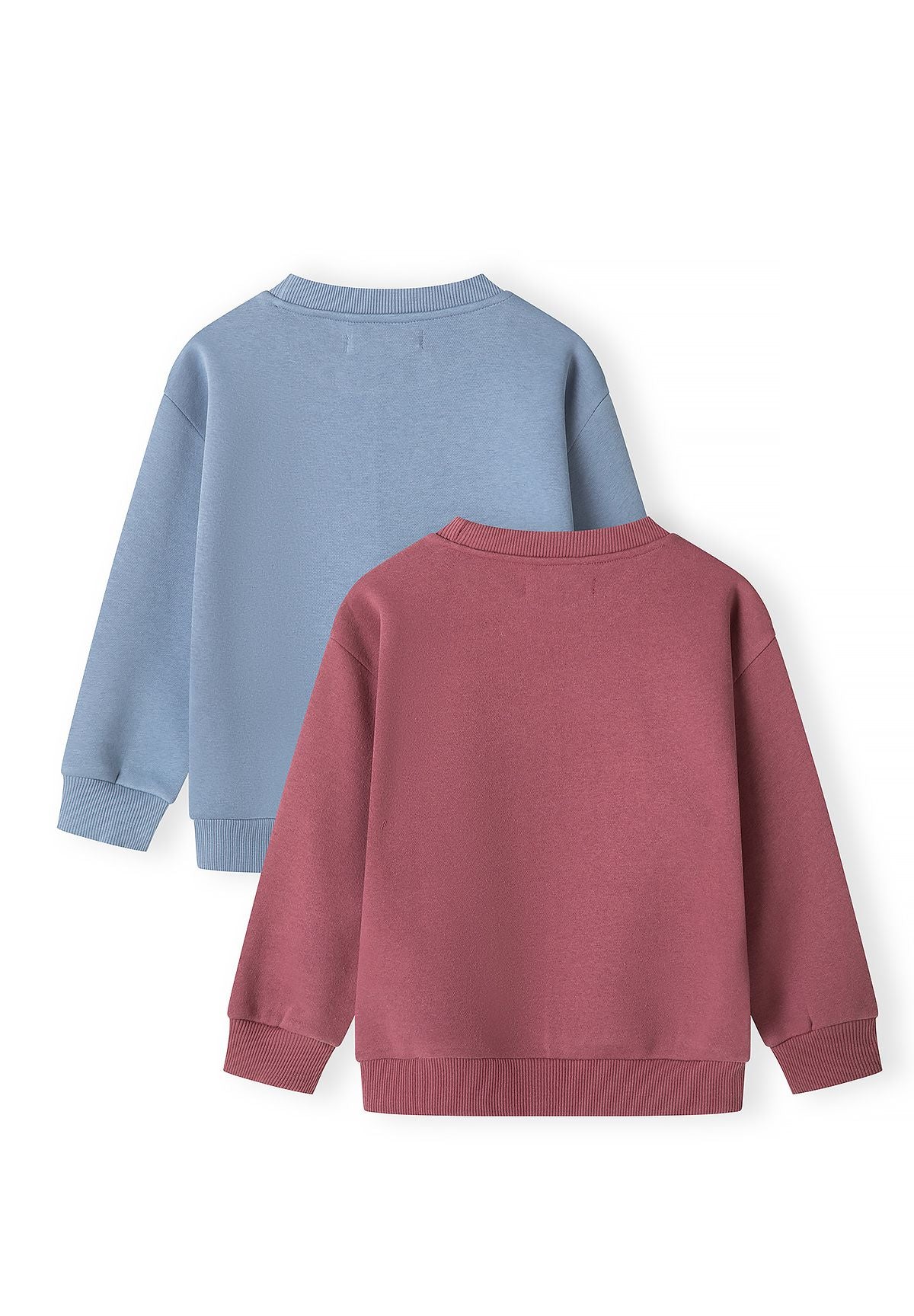 Kinder-sweatshirts met bordeauxrode en blauwe print (set van 2), beide sweatshirts, achterkant.
