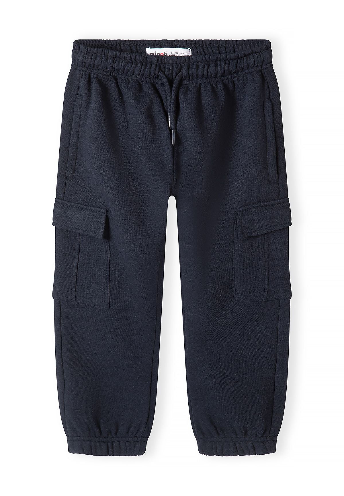 Navy cargo joggers with drawstring waist, side pockets and flap thigh pockets.