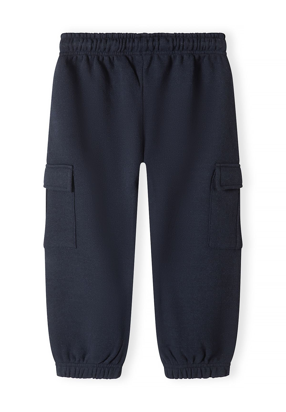 Back of navy cargo joggers with plain seat and flap pockets at outer thighs.
