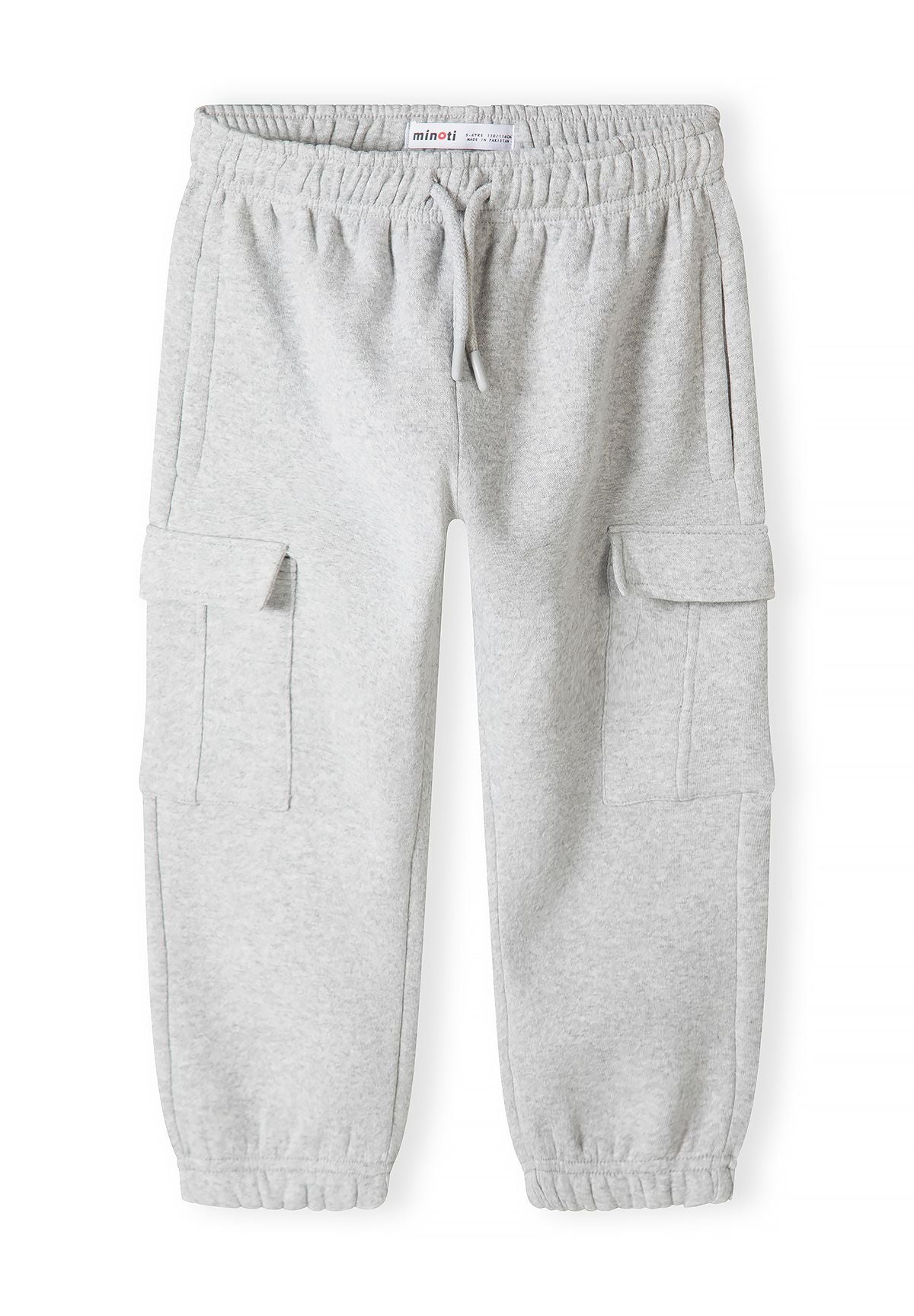 Light grey cargo joggers with drawstring waist and flap pockets on both thighs.