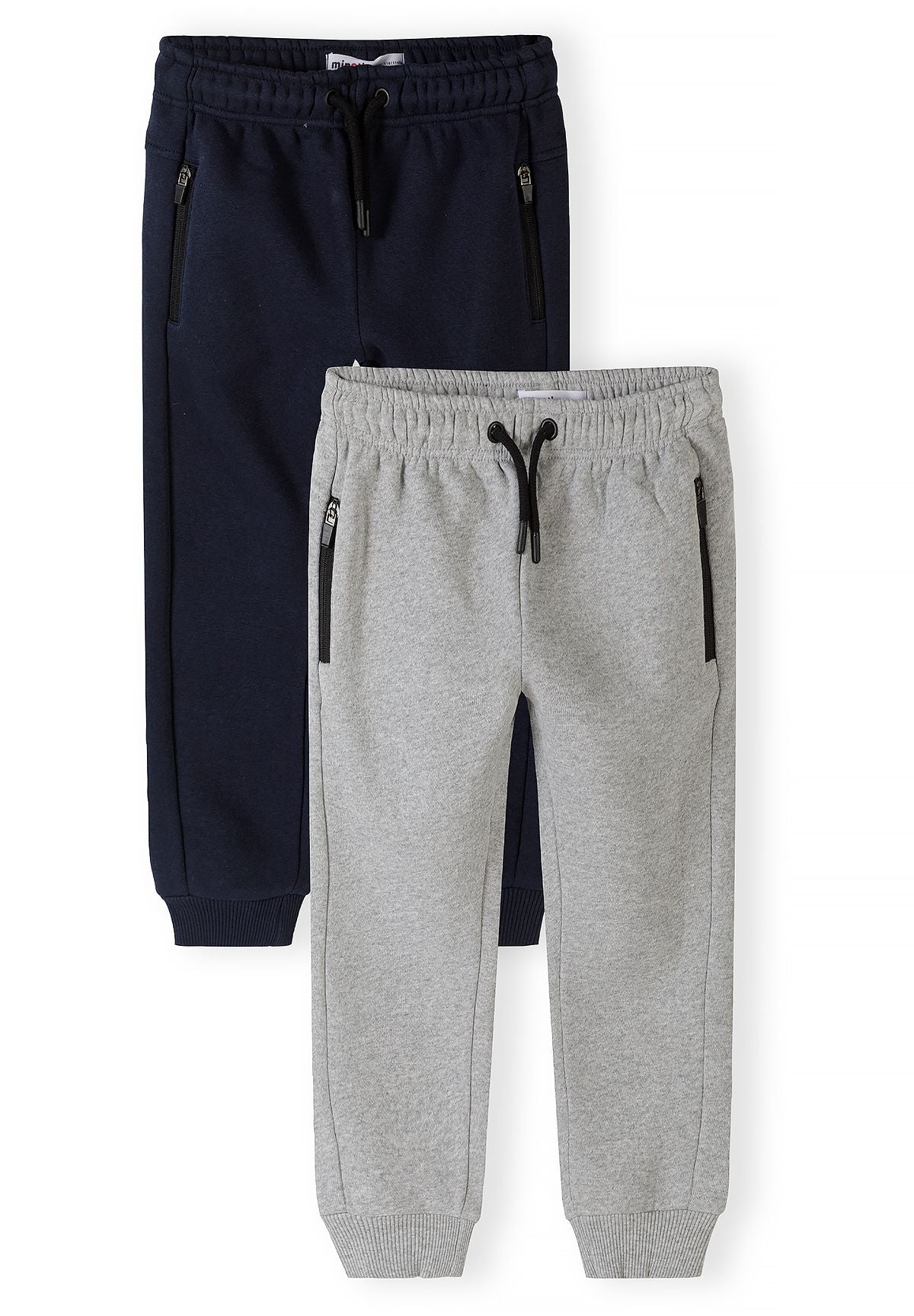 Slim-fit joggingbroek voor jongens in marineblauw en grijs met zakken met rits (set van 2), beide joggingbroeken, voorkant.