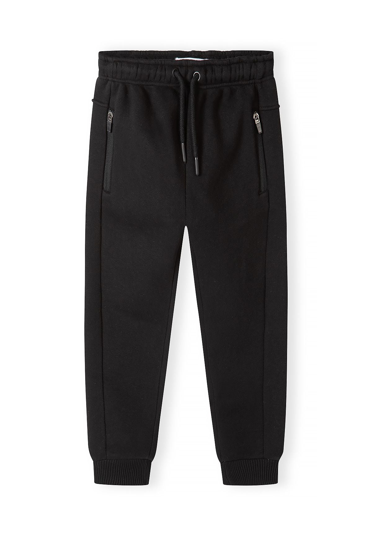 Pantaloni da jogging slim fit da bambino neri e kaki con tasche con cerniera (confezione da 2), pantaloni da jogging neri, vista frontale.