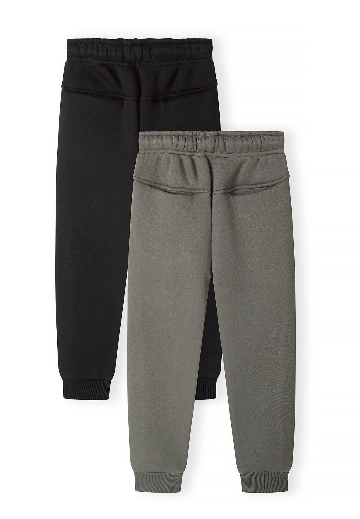 Pantaloni da jogging slim fit da bambino neri e color cachi con tasche con cerniera (confezione da 2), entrambi i pantaloni, vista posteriore.