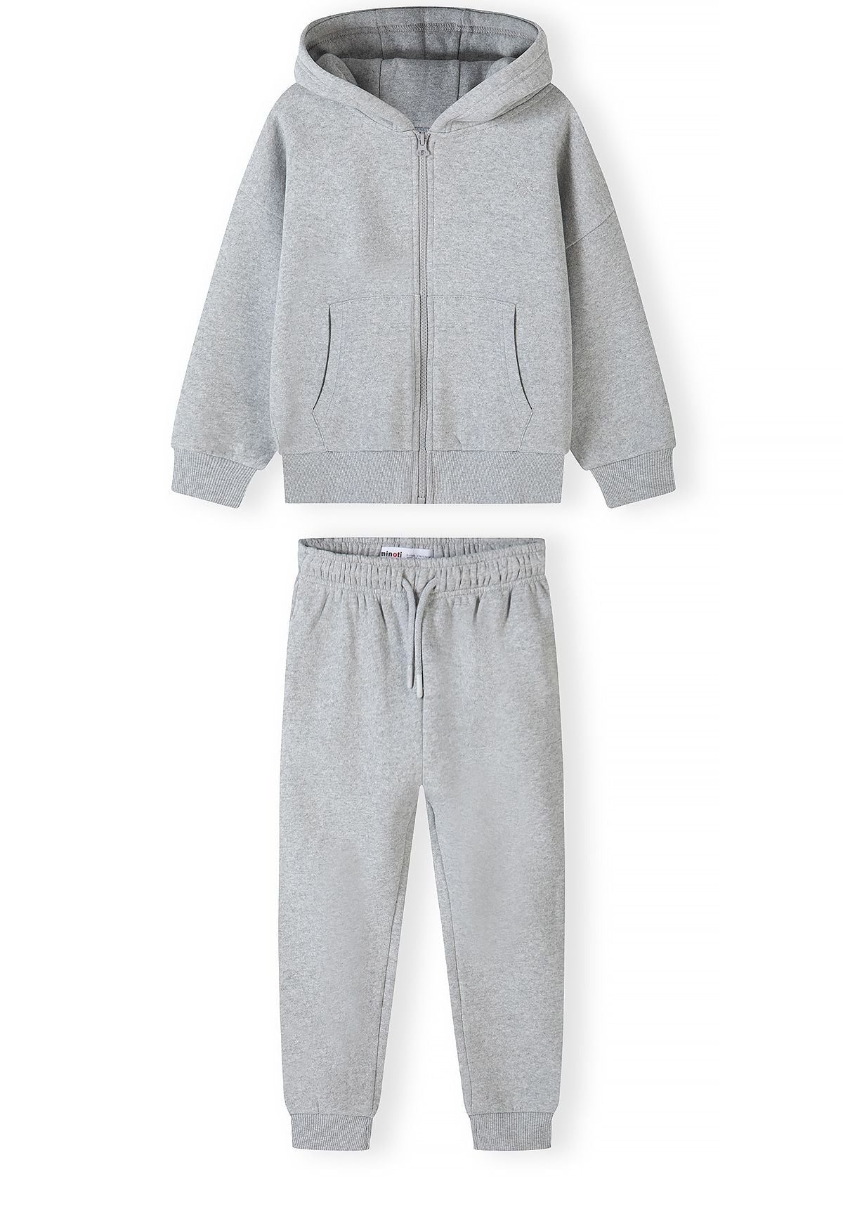 Lichtgrijze trainingsset met rits-hoodie en joggingbroek voor jongens, hoodie en joggingbroek, vooraanzicht.