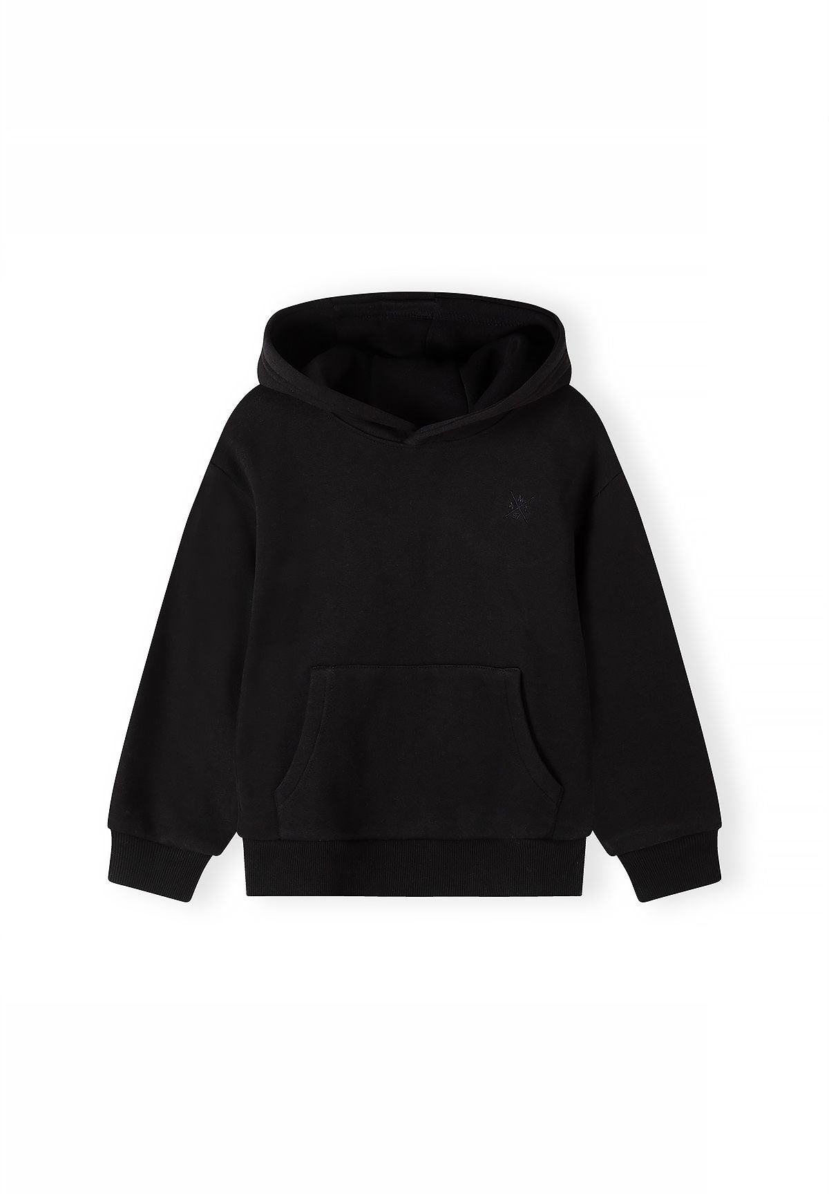 Zwart trainingspak voor jongens met hoodie en slim-fit joggingbroek, hoodie, voorkant.