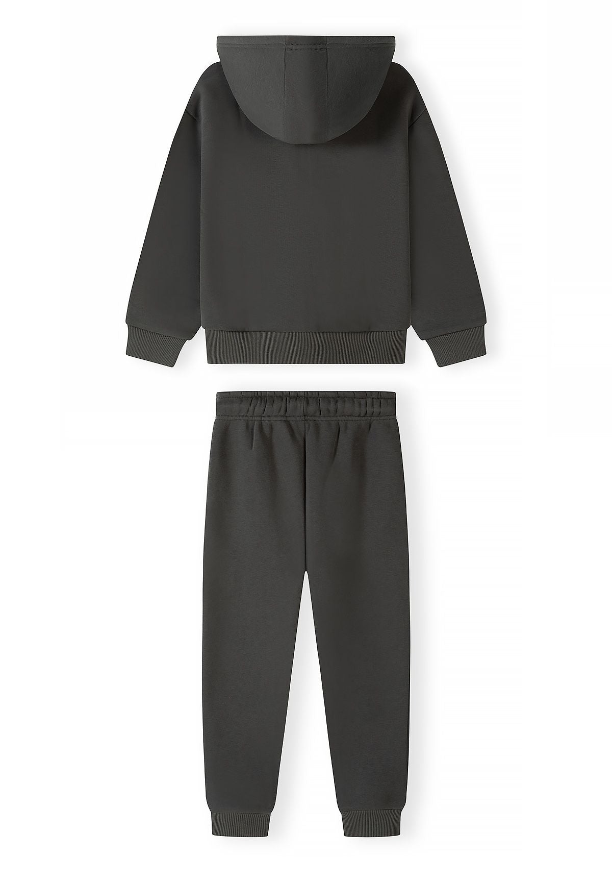 Plain backs of khaki-grey hoodie and matching cuffed joggers.