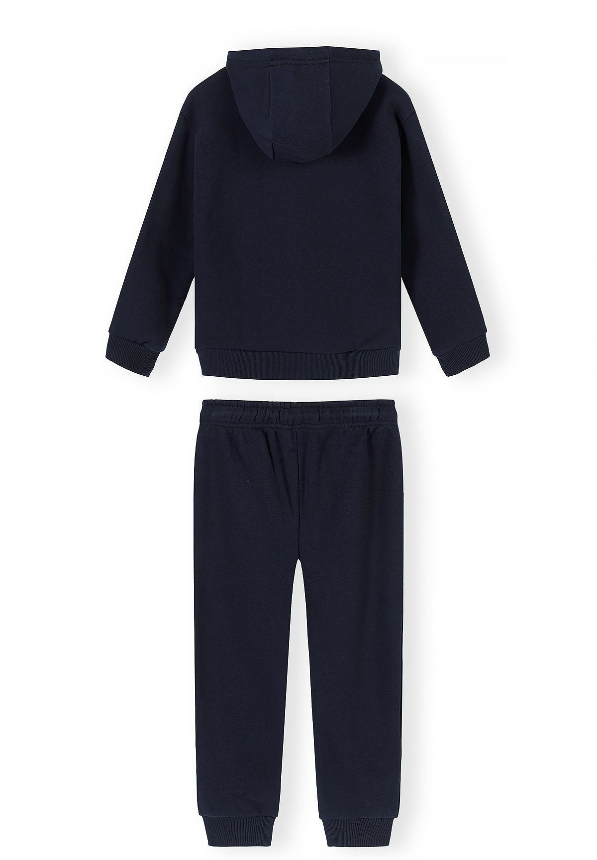 Marineblauwe hoodie en slim-fit joggingbroek voor jongens, trainingspak met een hoodie en een joggingbroek, achterkant.