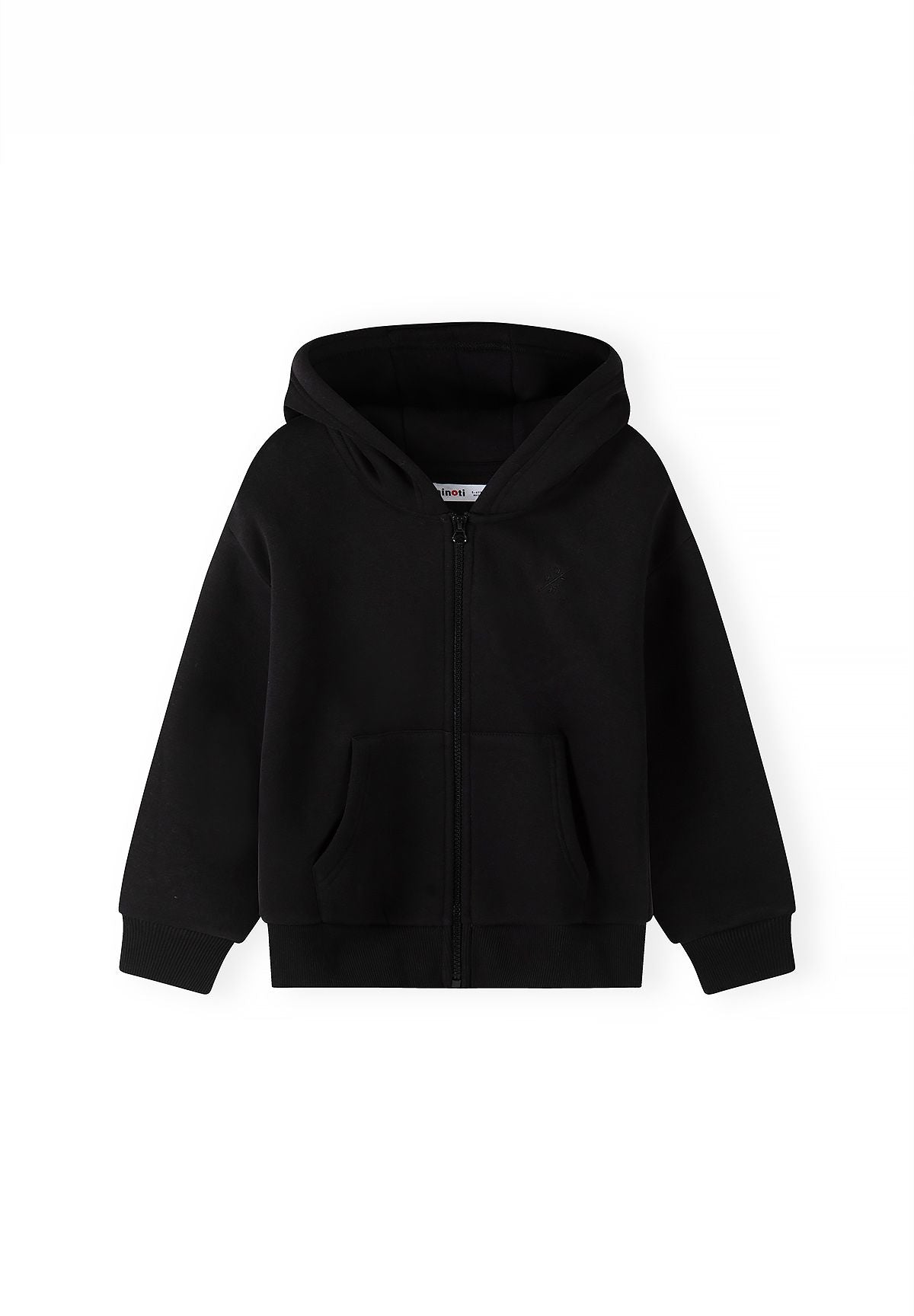 Zwarte trainingsset voor jongens met een hoodie met rits en een joggingbroek, hoodie, voorkant.