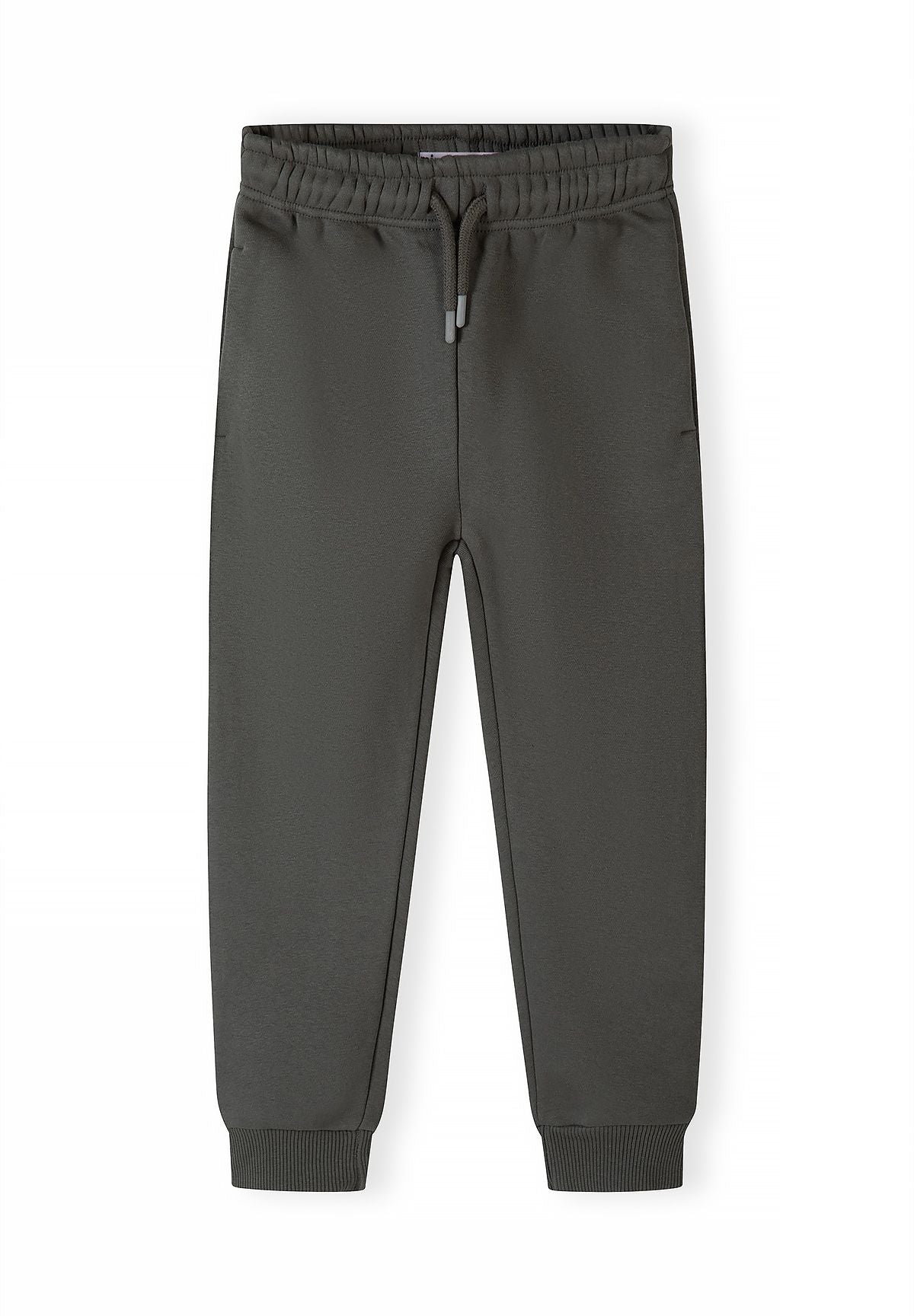 Front of olive-grey joggers with elastic waist, drawcord, side pockets and ribbed ankles.