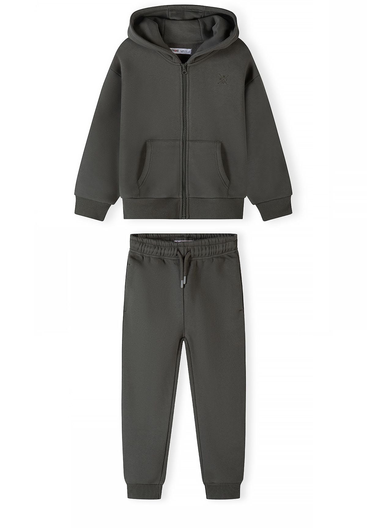 Front of olive-grey zip hoodie and matching drawstring joggers with ribbed cuffs.