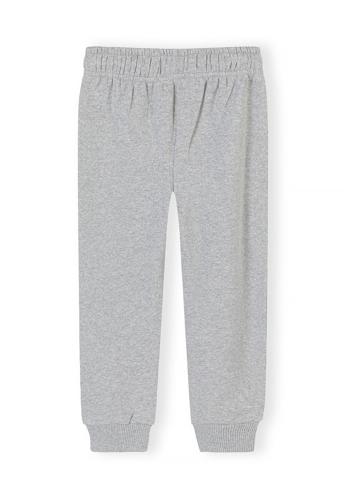 Plain back of light grey joggers with gathered waist and ribbed ankles.