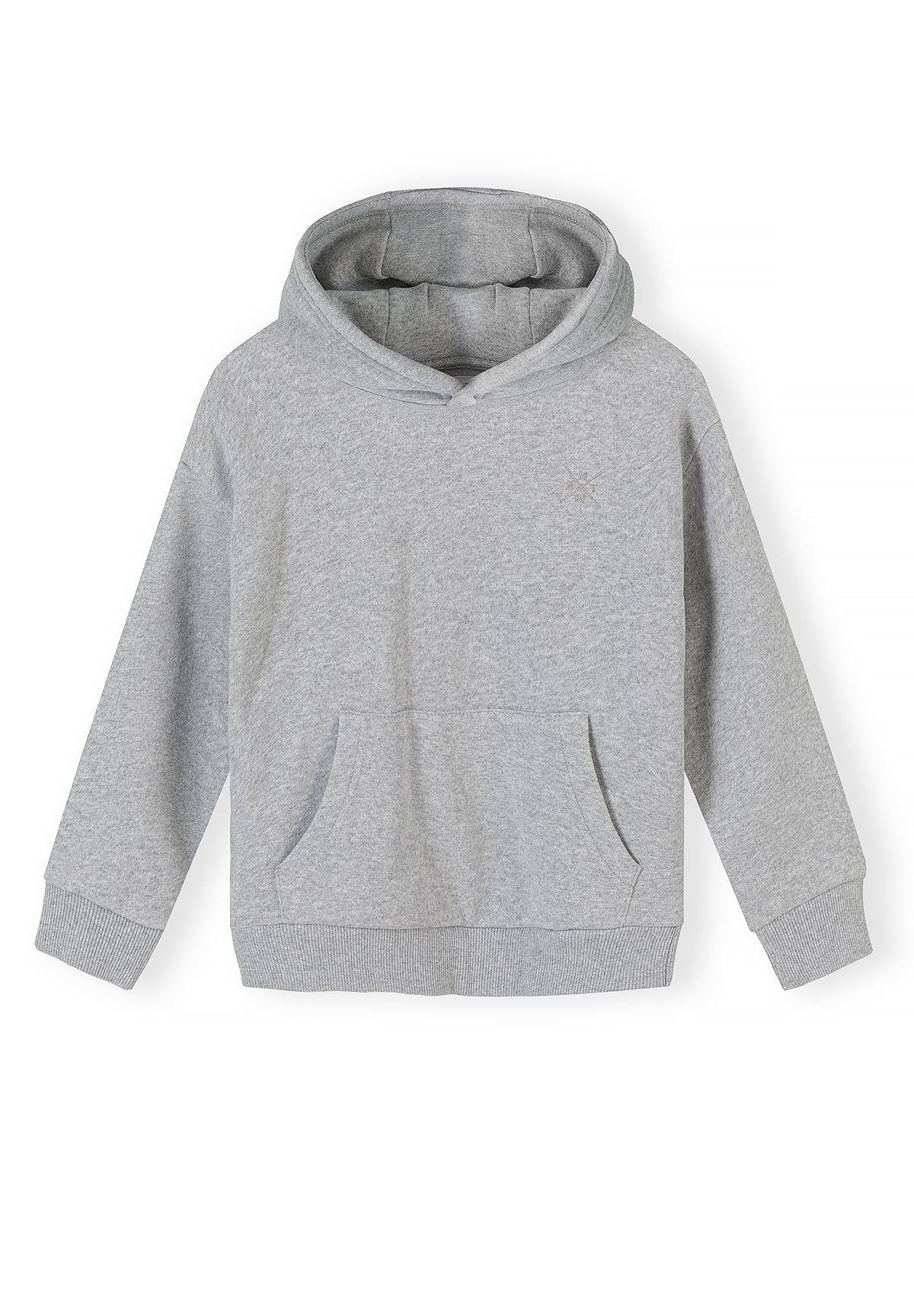 Front of light grey hoodie with kangaroo pocket and subtle tonal chest stitching.