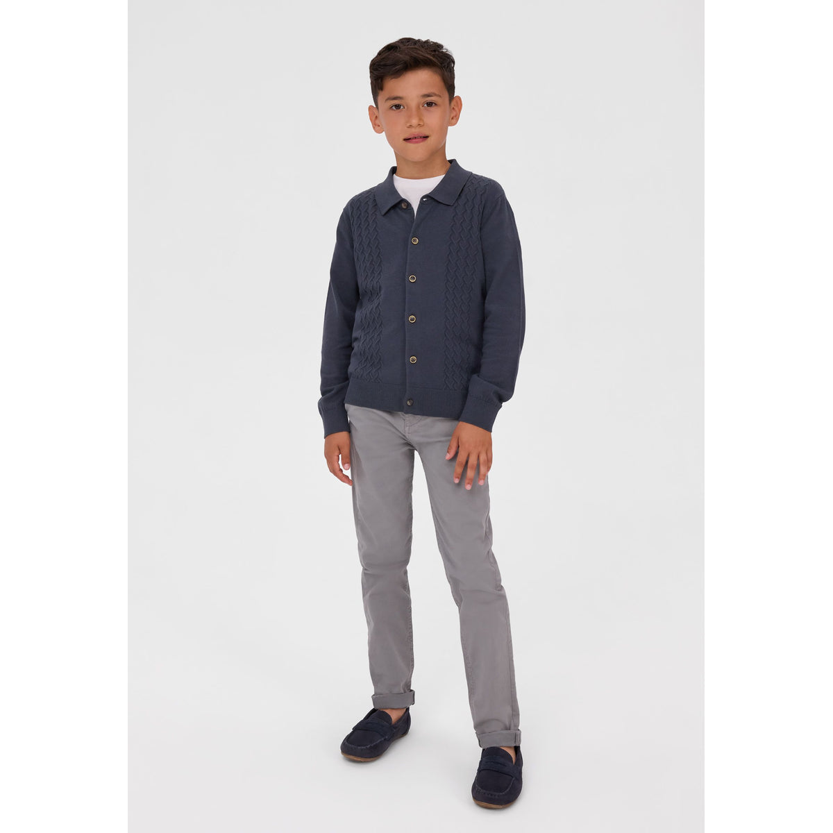 Boys' cardigan with textured panels in dark grey — complete product view for square Shop card