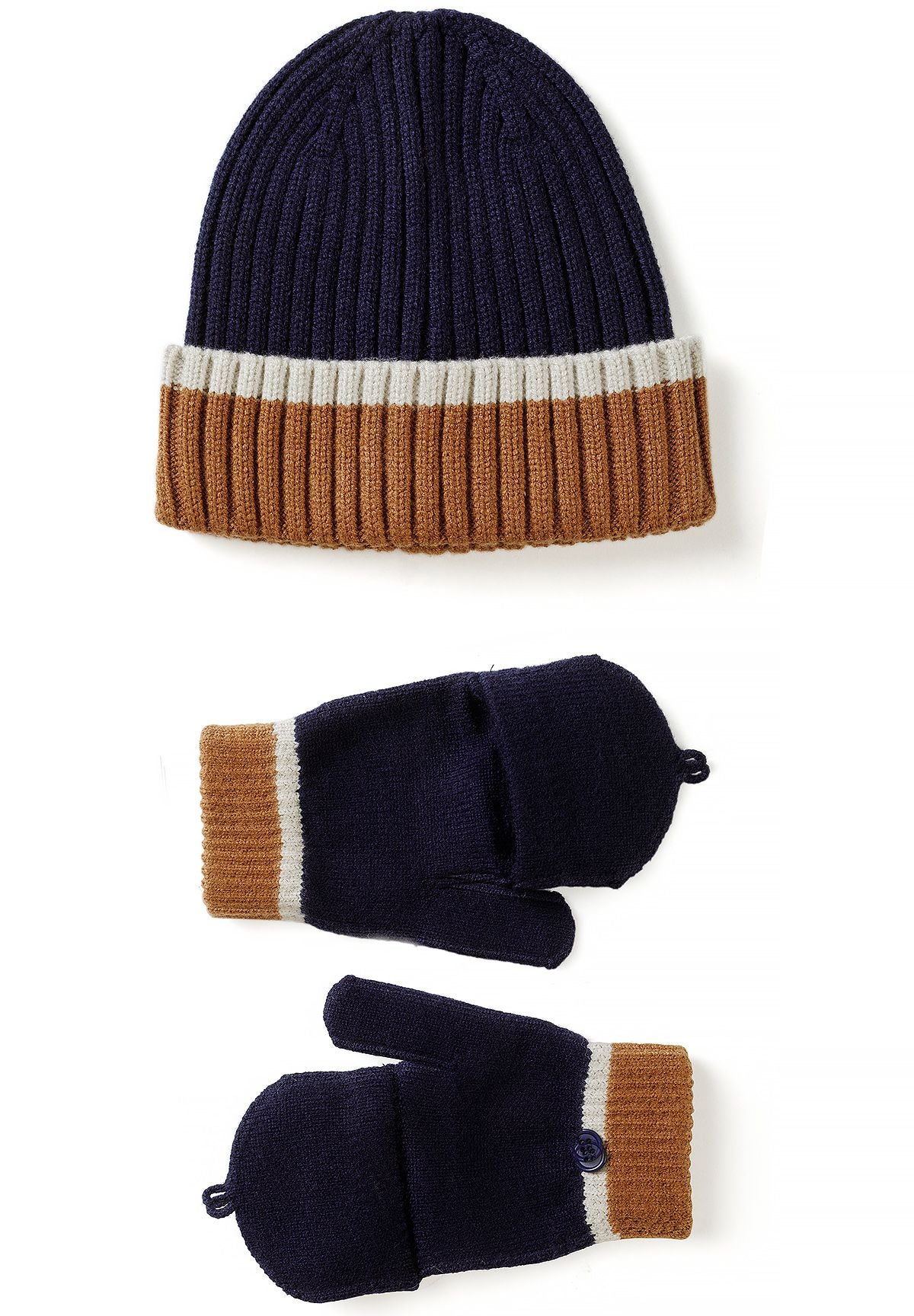 Navy rib-knit beanie with tan and cream folded brim, beside matching flip-top gloves.