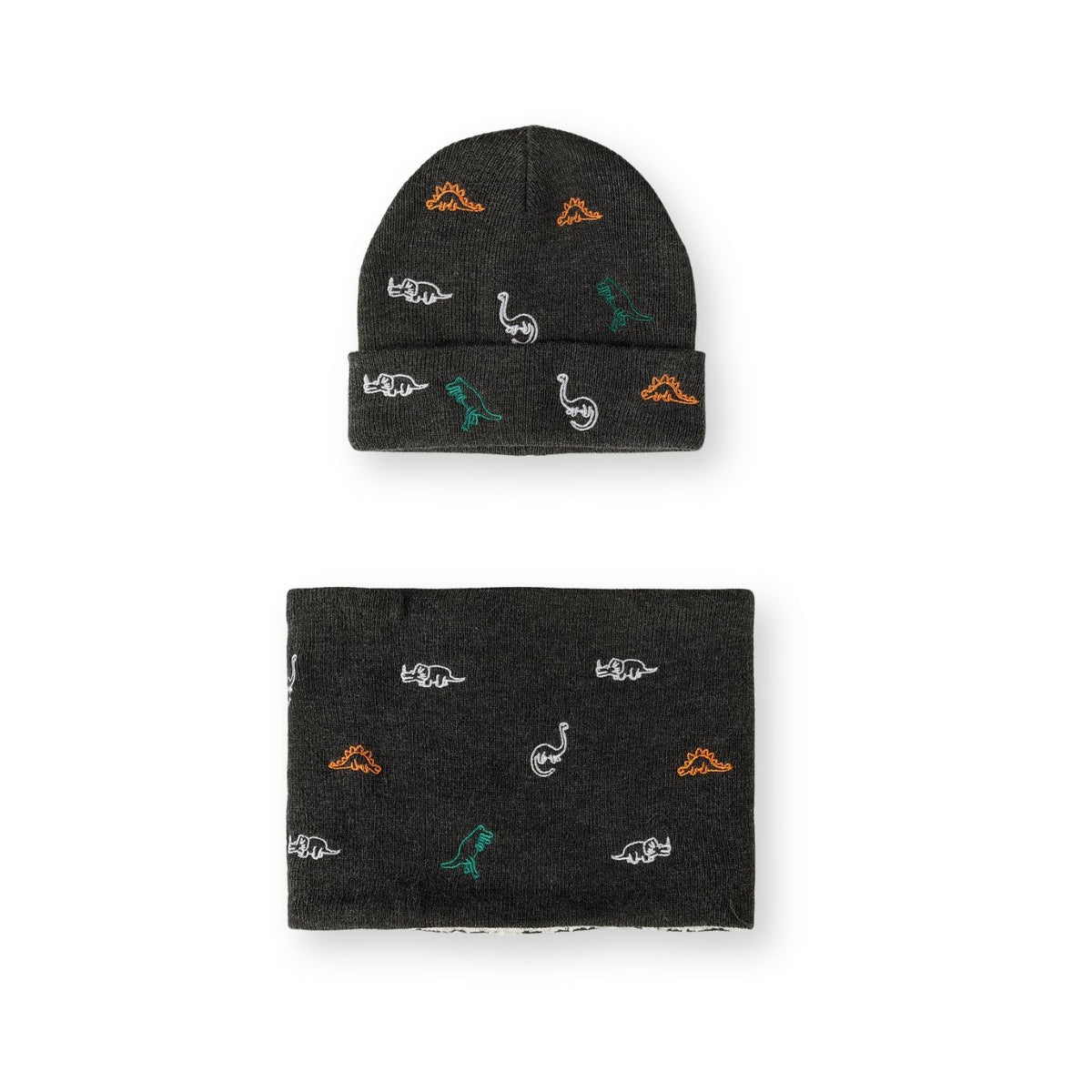 Boys' dinosaur hat and snood set — complete product view for square Shop card