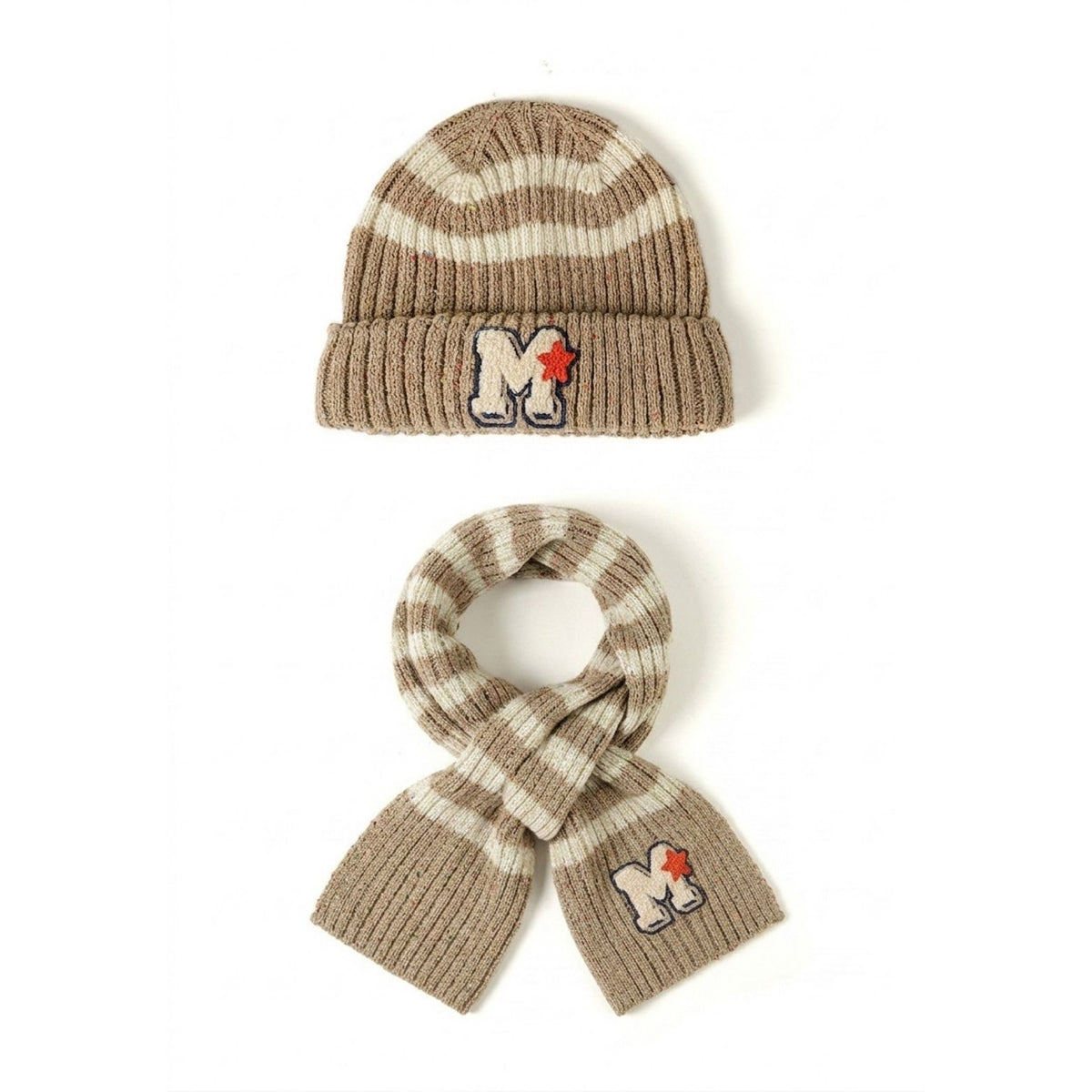 Striped hat and scarf set in beige and cream — complete product view for square Shop card