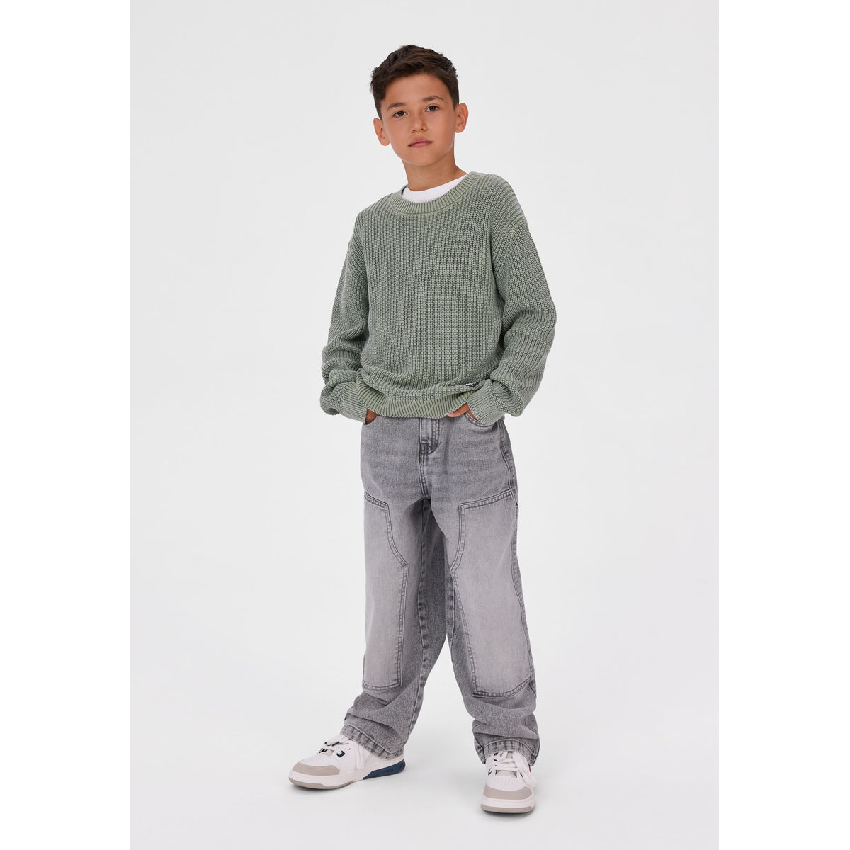 Kids' baggy carpenter jeans in grey — complete product view for square Shop card