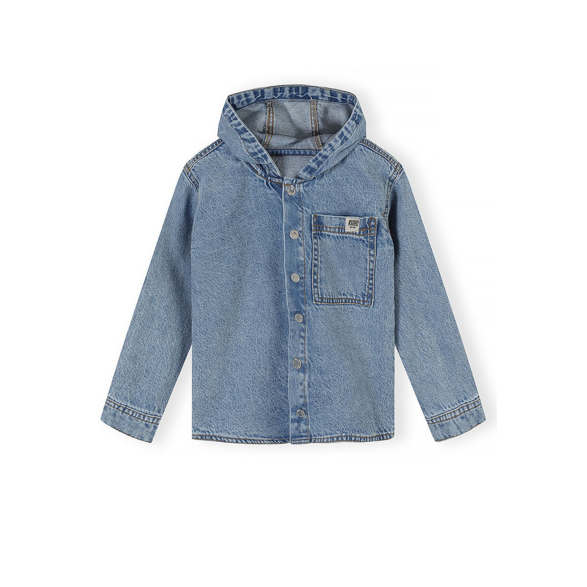 Hooded denim shirt with chest pocket in light blue — complete product view for square Shop card