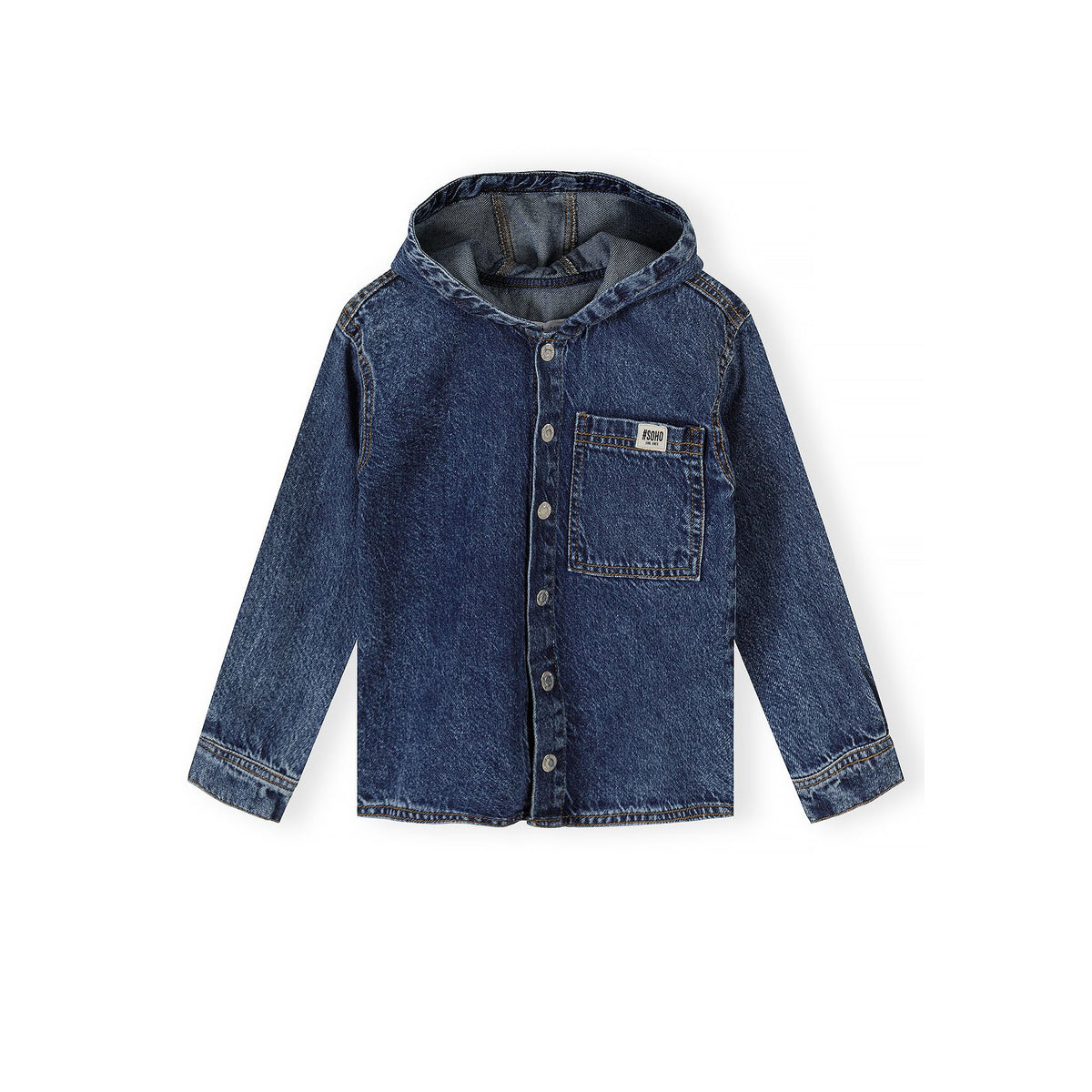 Hooded denim shirt with chest pocket in dark blue — complete product view for square Shop card