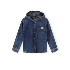 Hooded denim shirt with chest pocket in dark blue