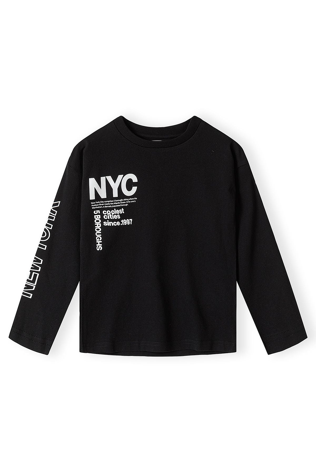 Black long-sleeve top with white NYC chest print and lettering on one sleeve.
