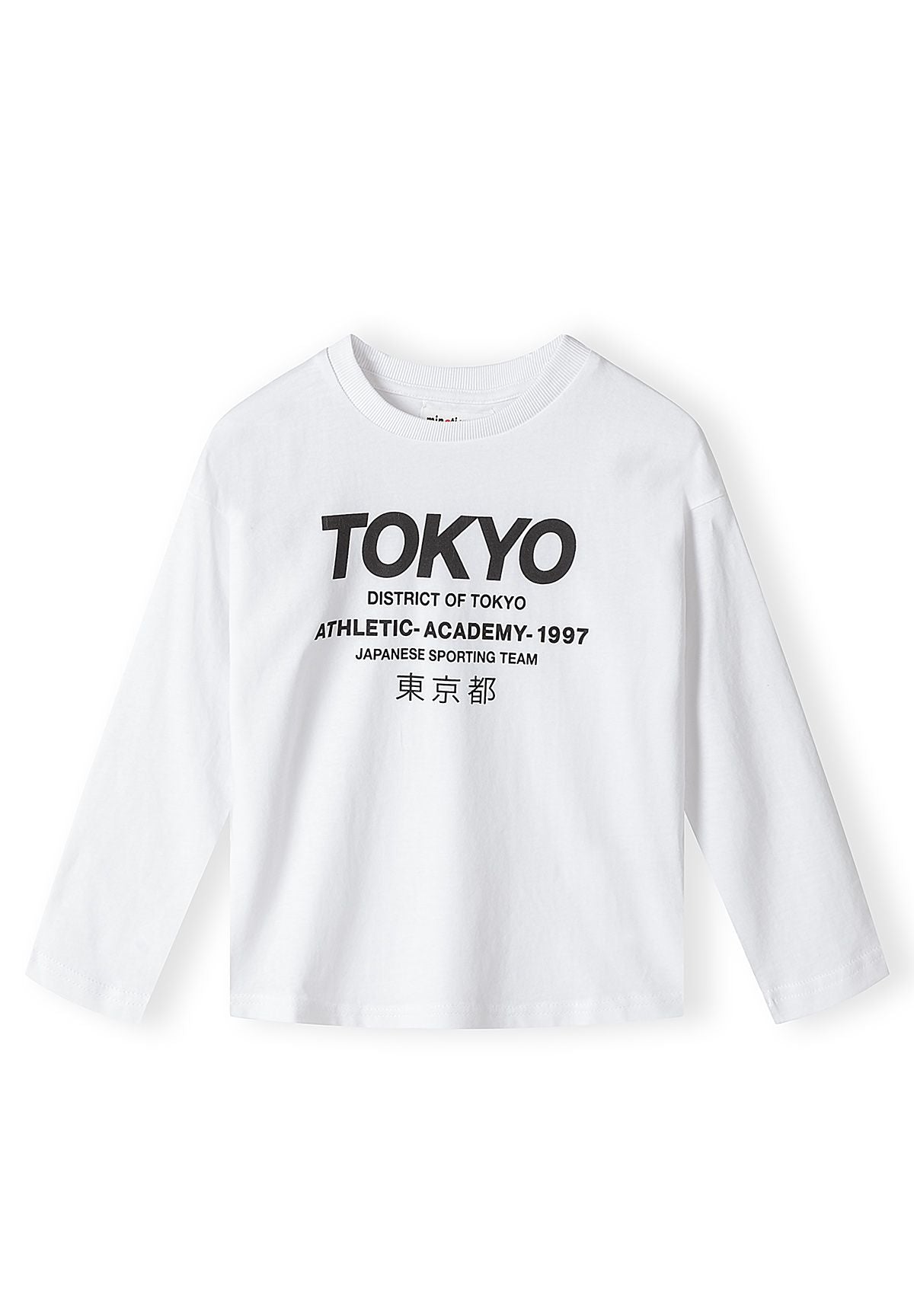 White long-sleeve top with black TOKYO athletic-academy chest print.