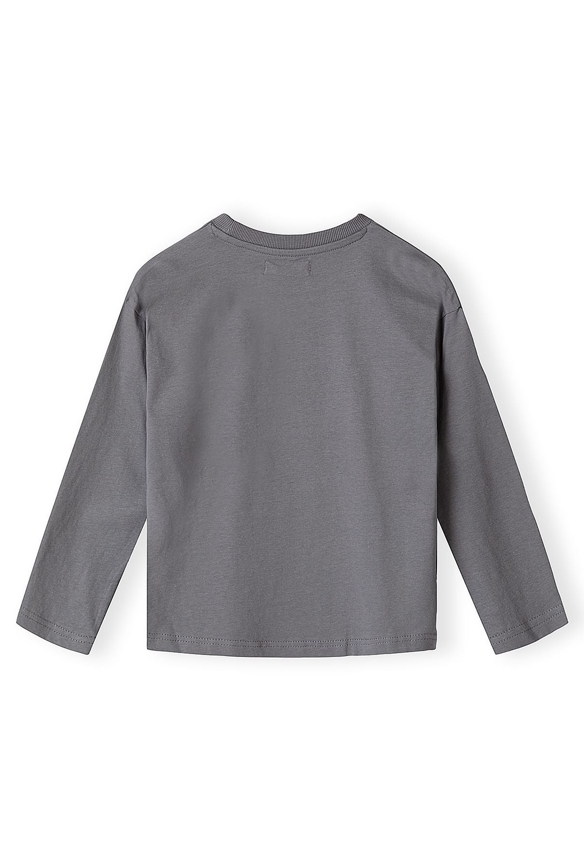 Plain grey back of a long-sleeve crew-neck top.