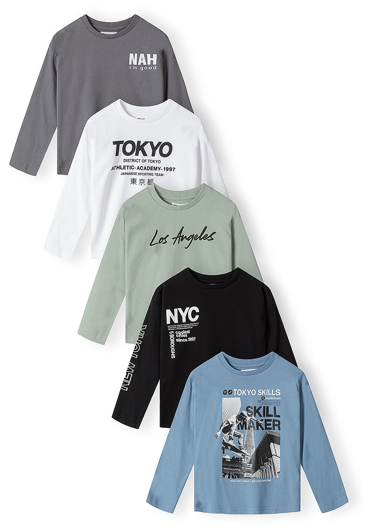 Five boys' long-sleeve tops in grey, white, sage, black and blue with different chest graphics.