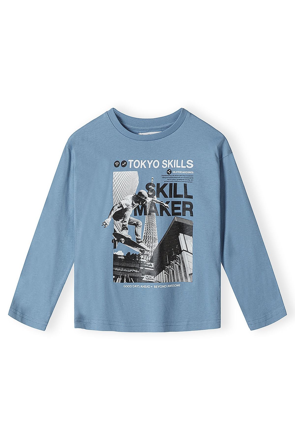 Dusty-blue long-sleeve top with skateboarder and TOKYO SKILLS SKILL MAKER graphic.