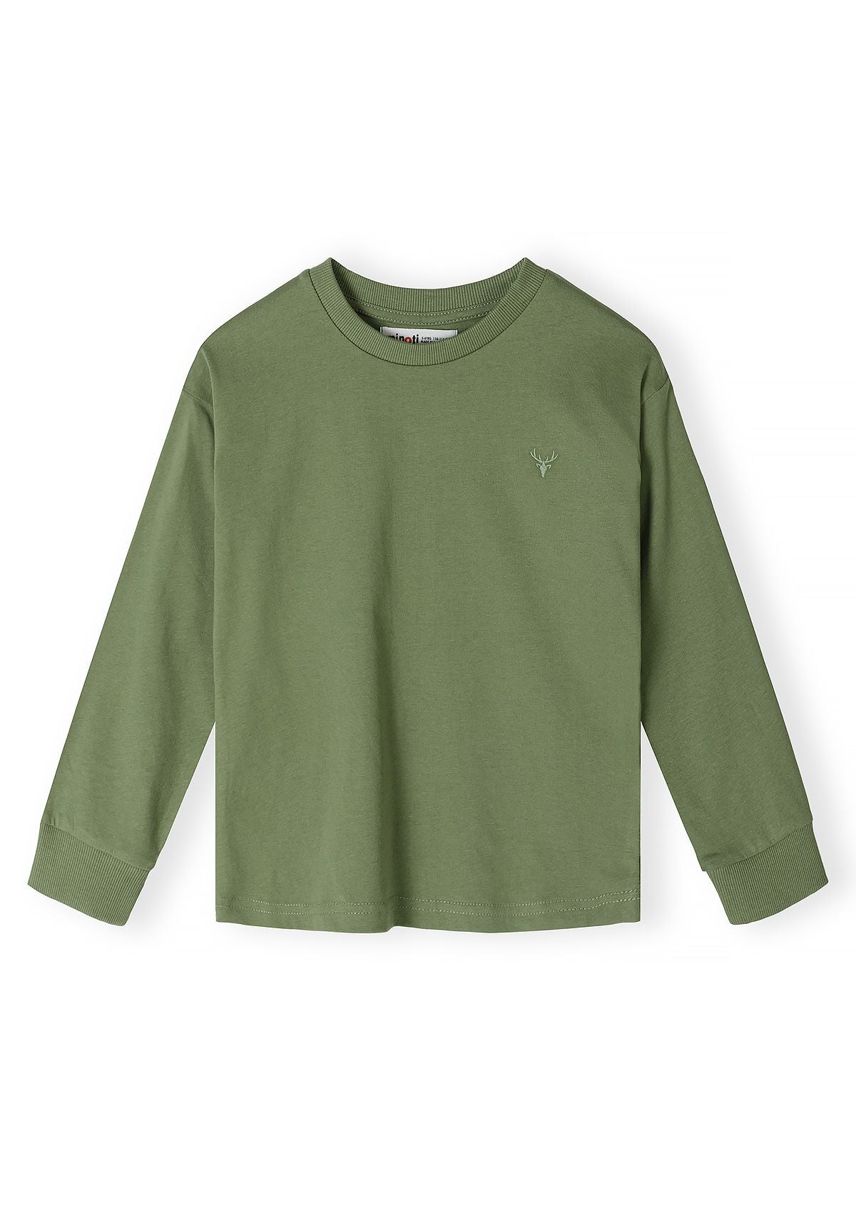 Olive green long-sleeve top with tiny stag-head chest embroidery.