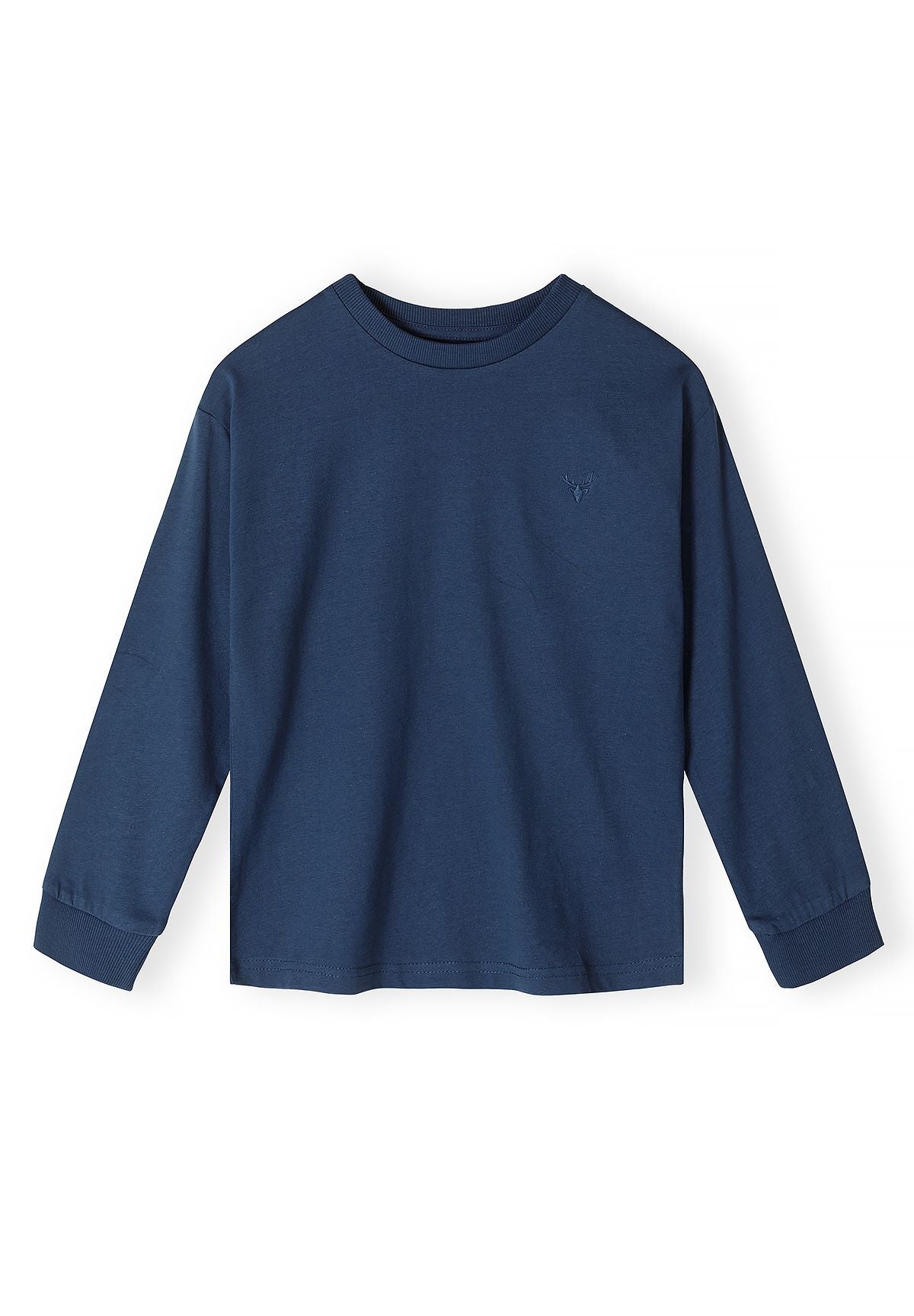 Front of deep blue long-sleeve top with subtle chest emblem.