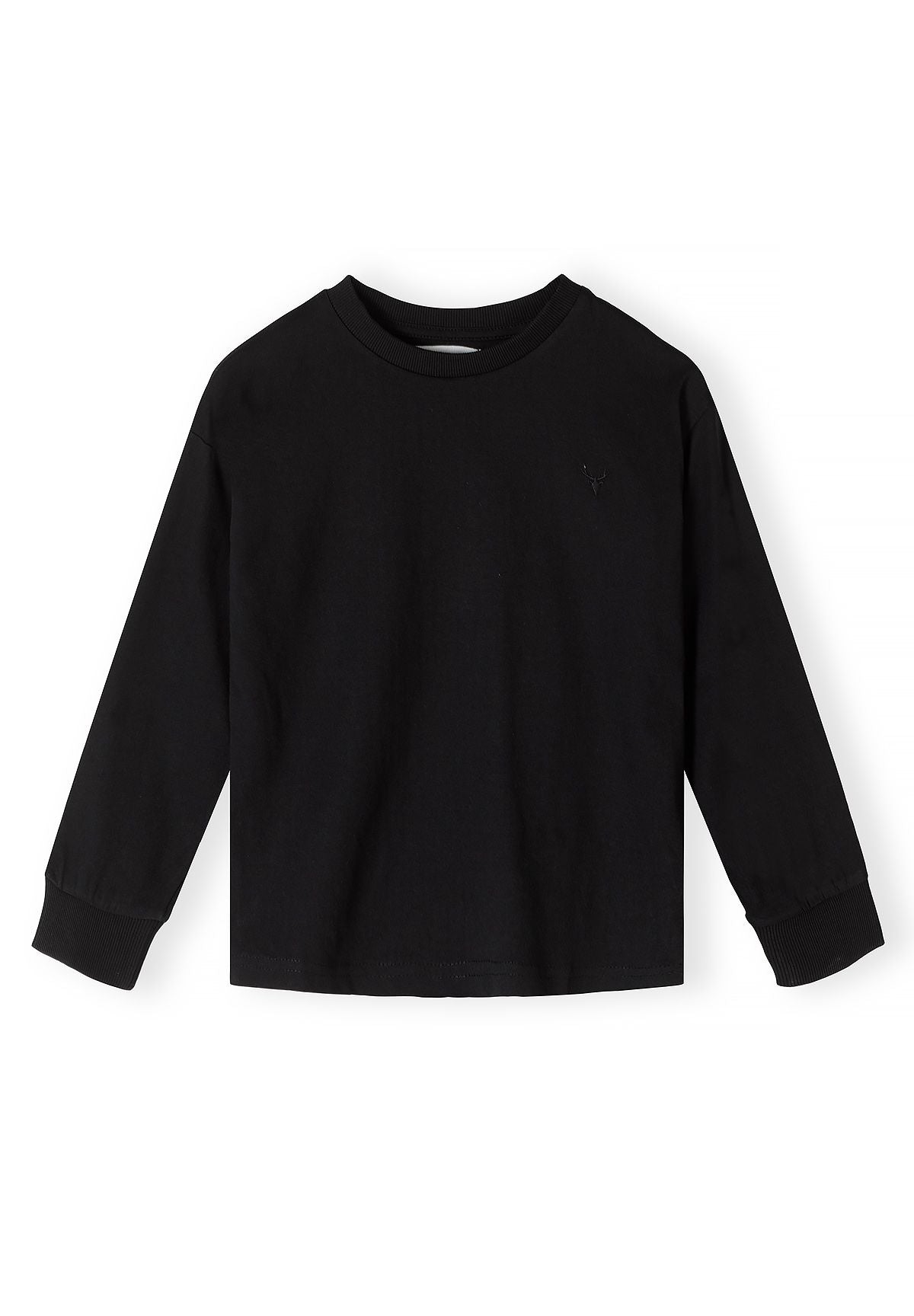 Black long-sleeve crew-neck top with faint tonal chest motif.
