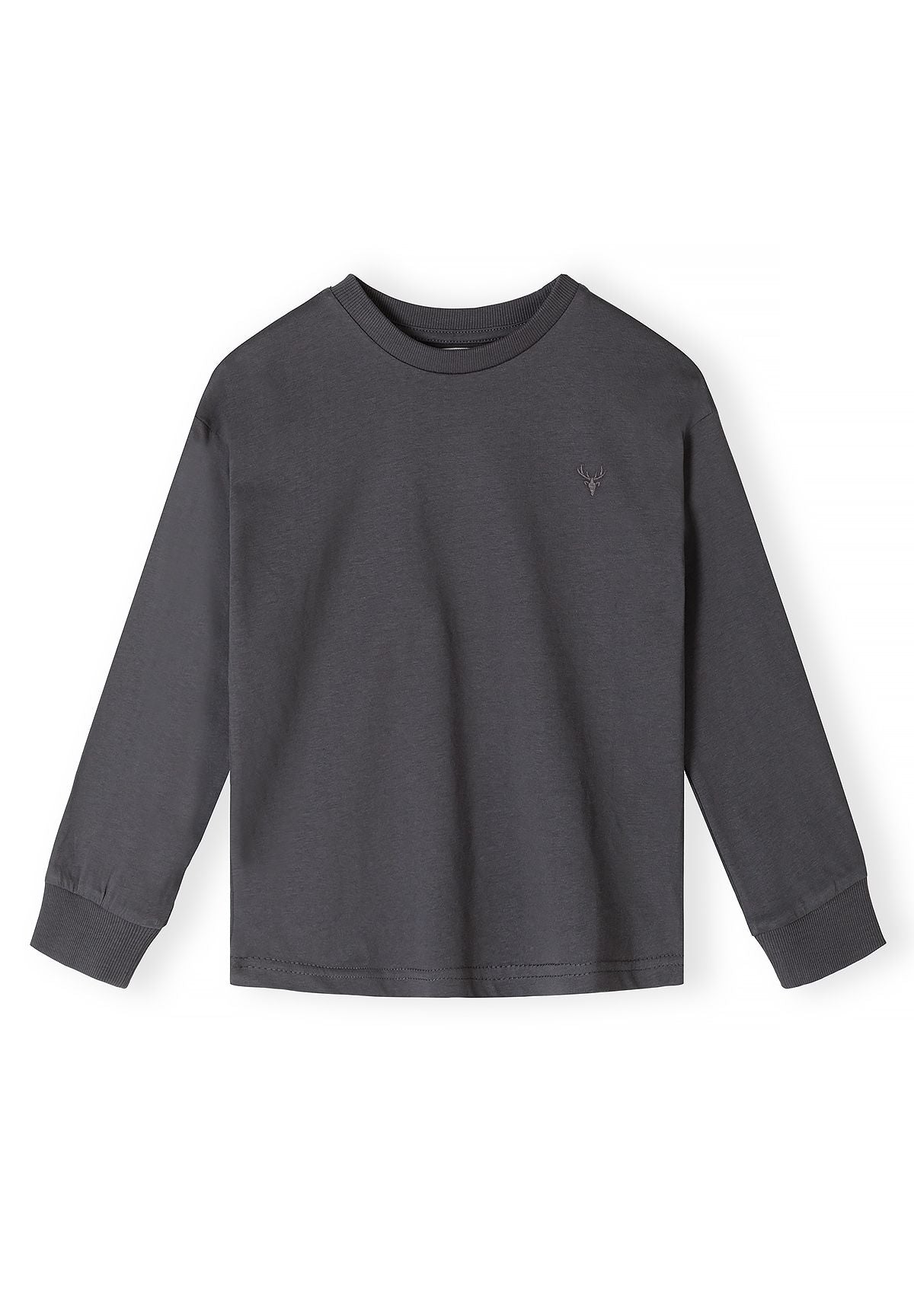 Charcoal-grey long-sleeve top with small stag-head chest embroidery.