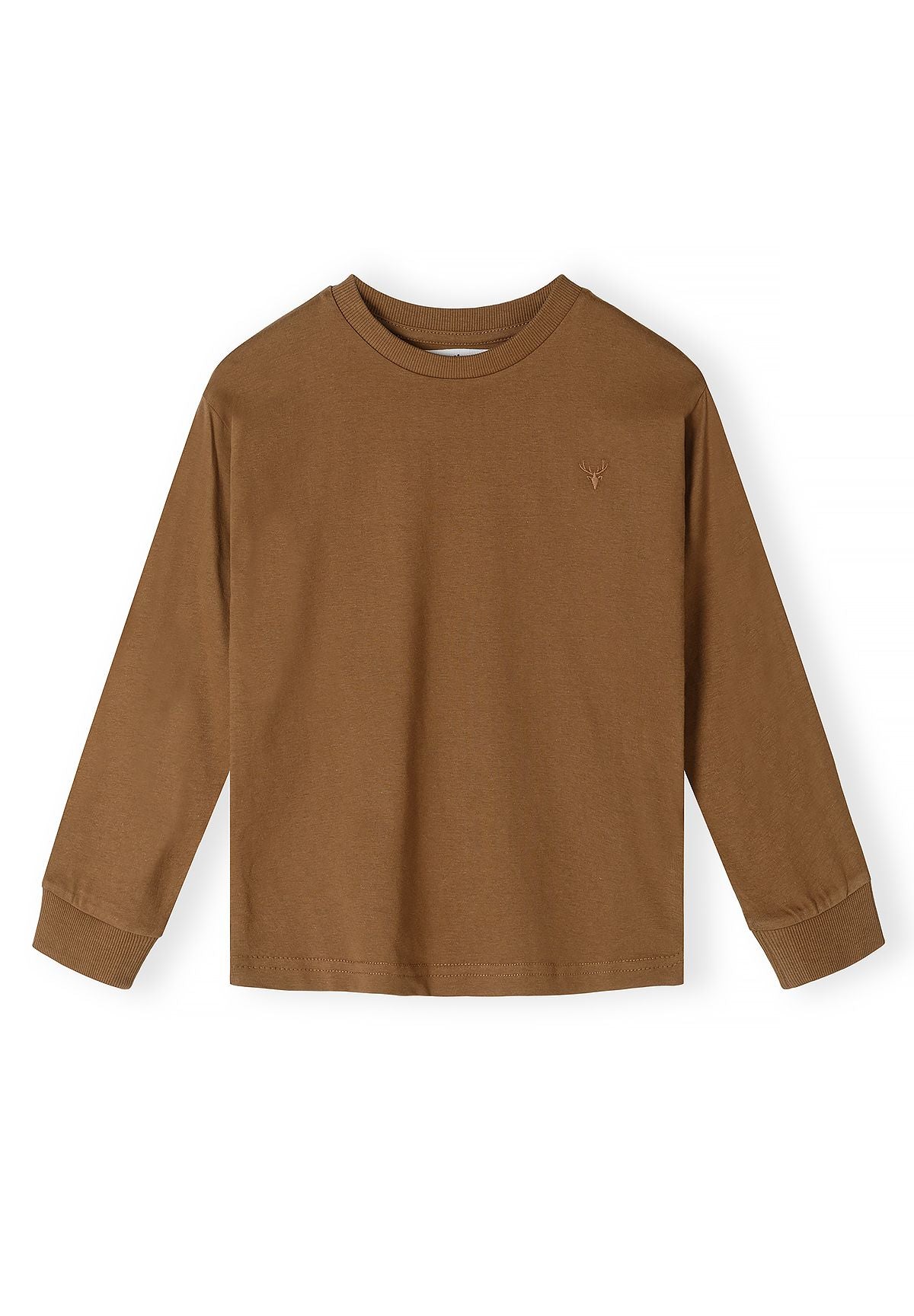 Tan long-sleeved crew-neck top with small stag chest embroidery and ribbed sleeve cuffs.